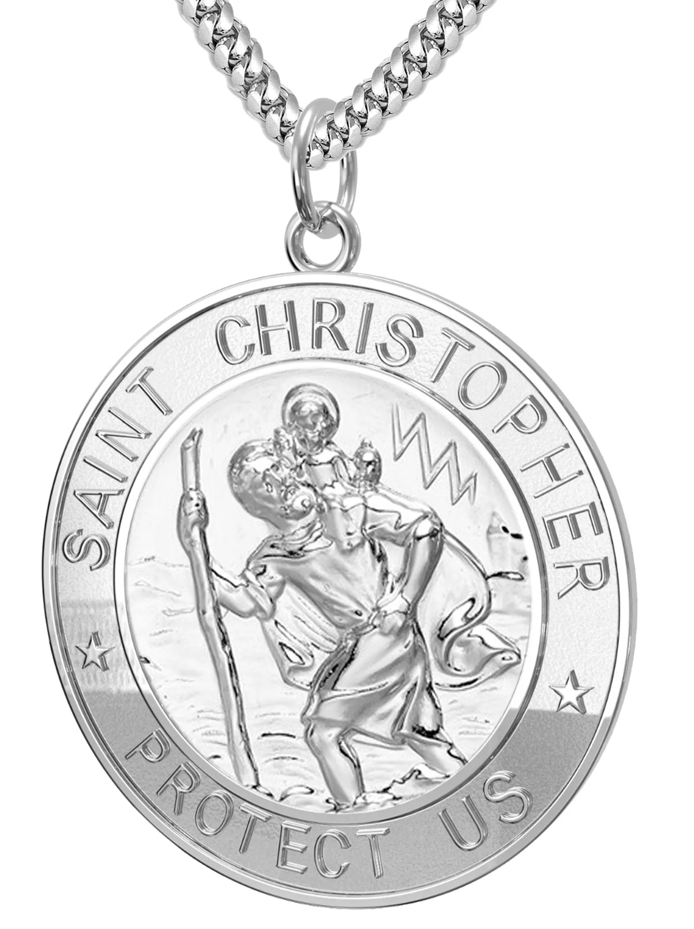 Men's 925 Sterling Silver Saint Christopher Round Polished Pendant Necklace, 33mm