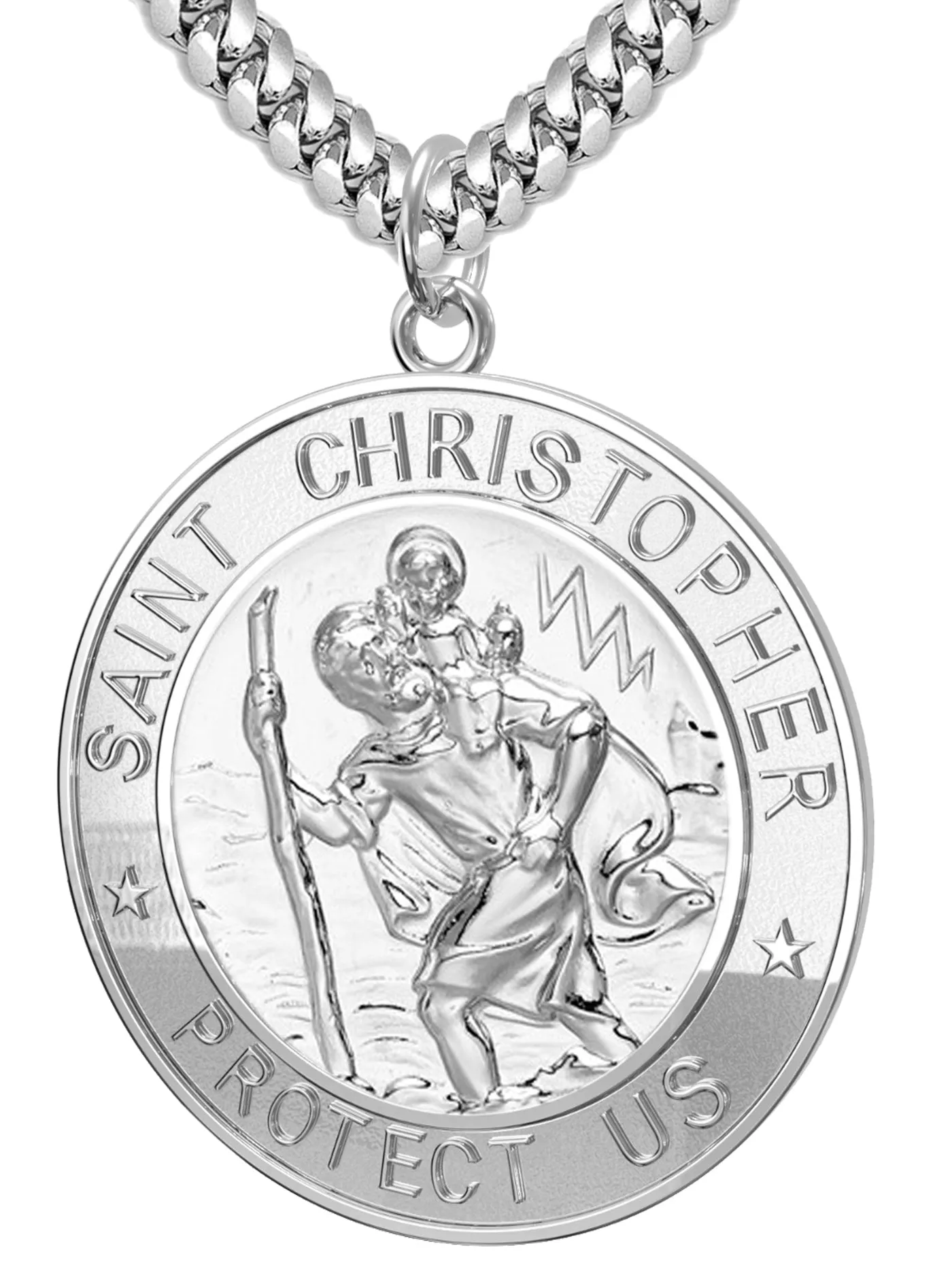 Men's 925 Sterling Silver Saint Christopher Round Polished Pendant Necklace, 33mm