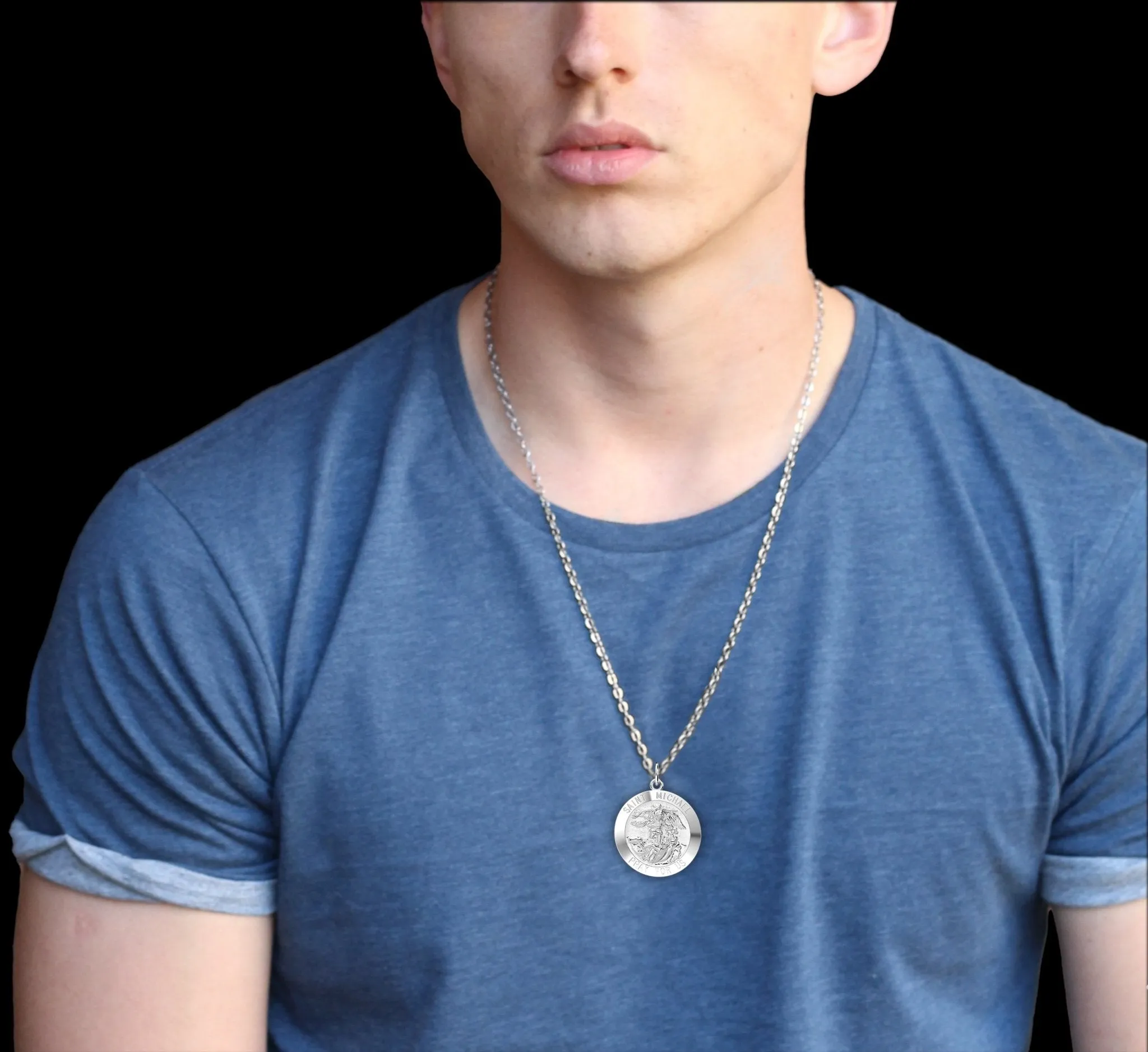 Men's 925 Sterling Silver Saint Michael Round Pendant Necklace, High Polished Finish, 25mm