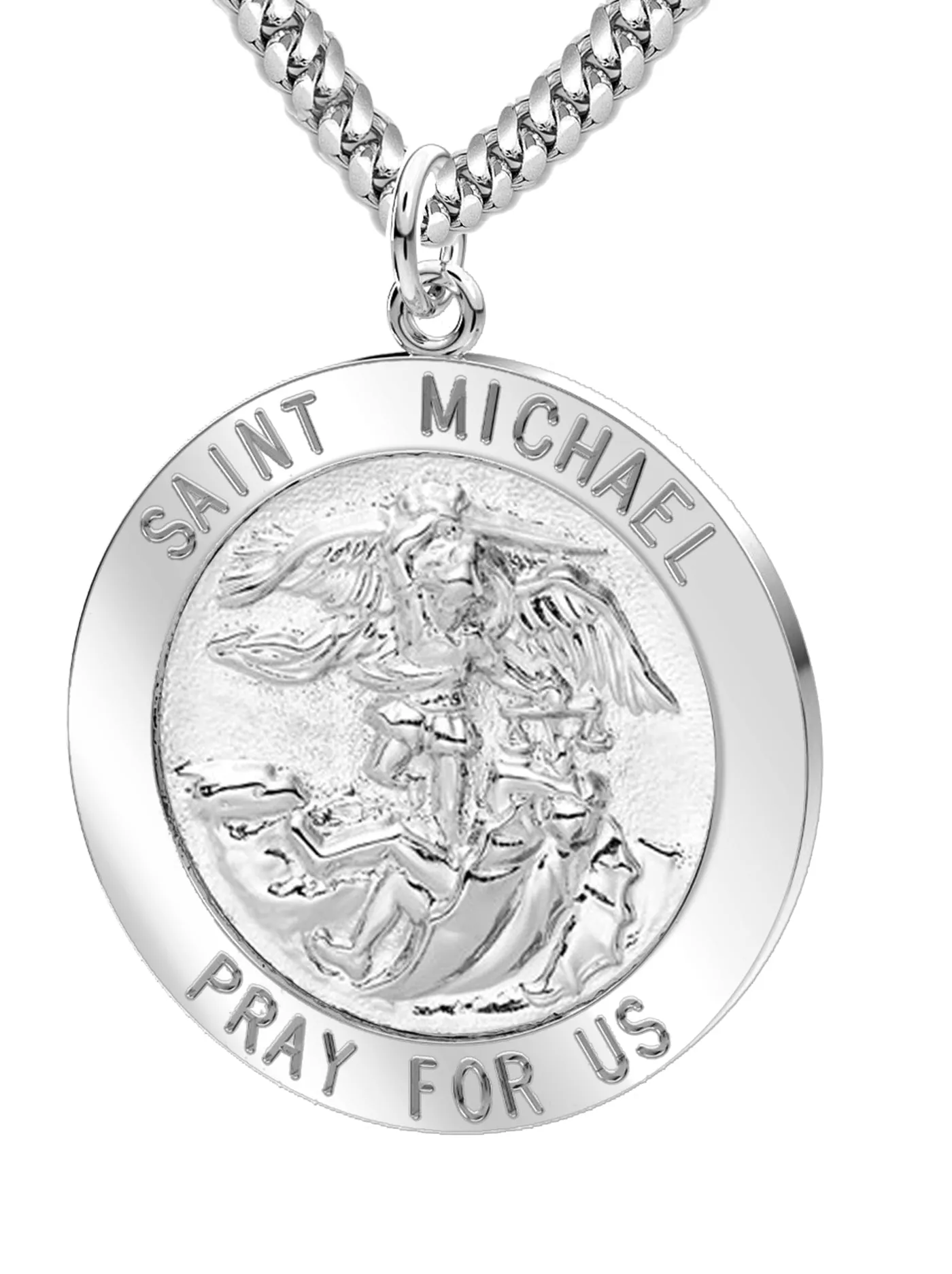 Men's 925 Sterling Silver Saint Michael Round Pendant Necklace, High Polished Finish, 25mm