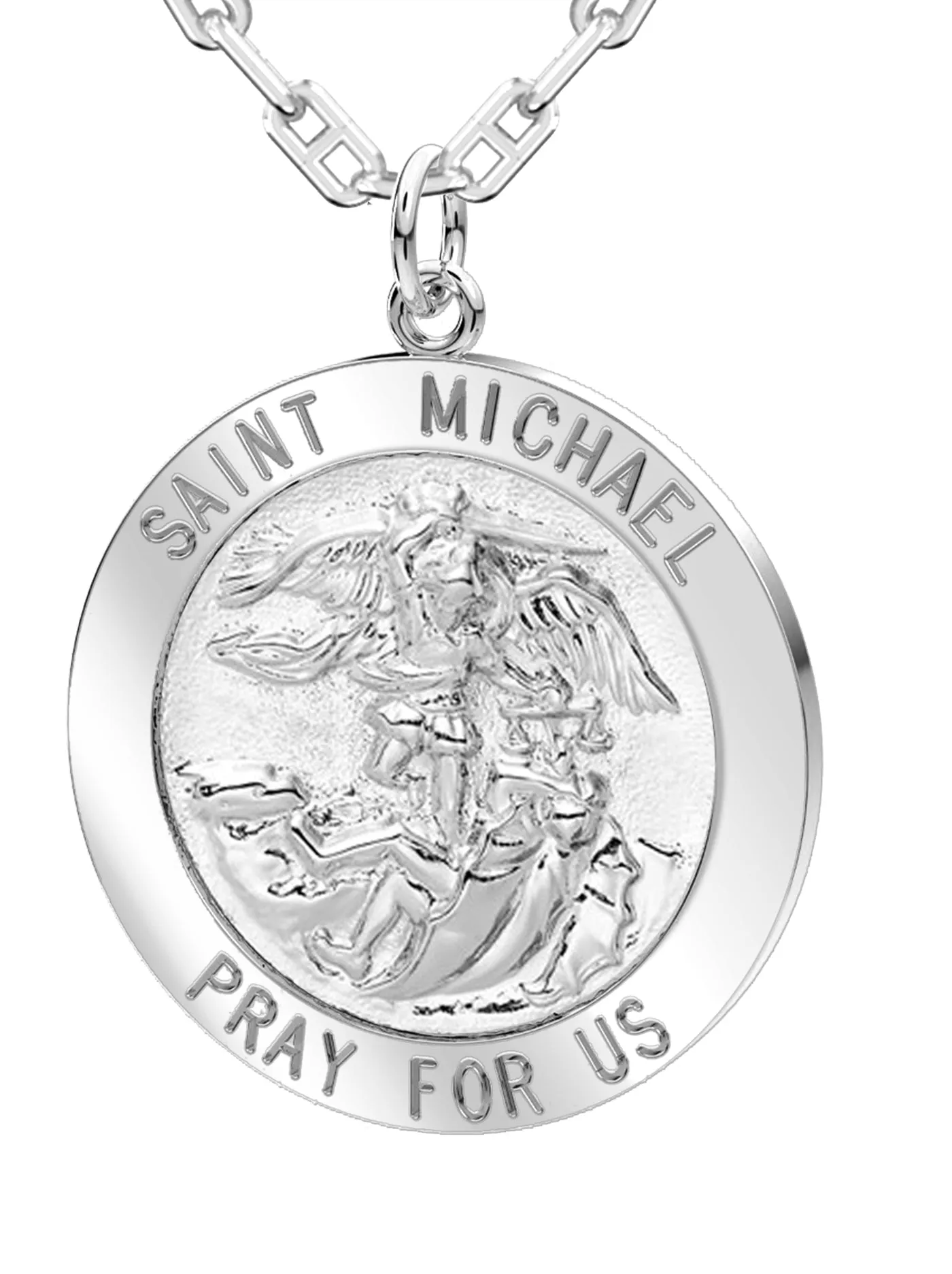 Men's 925 Sterling Silver Saint Michael Round Pendant Necklace, High Polished Finish, 25mm