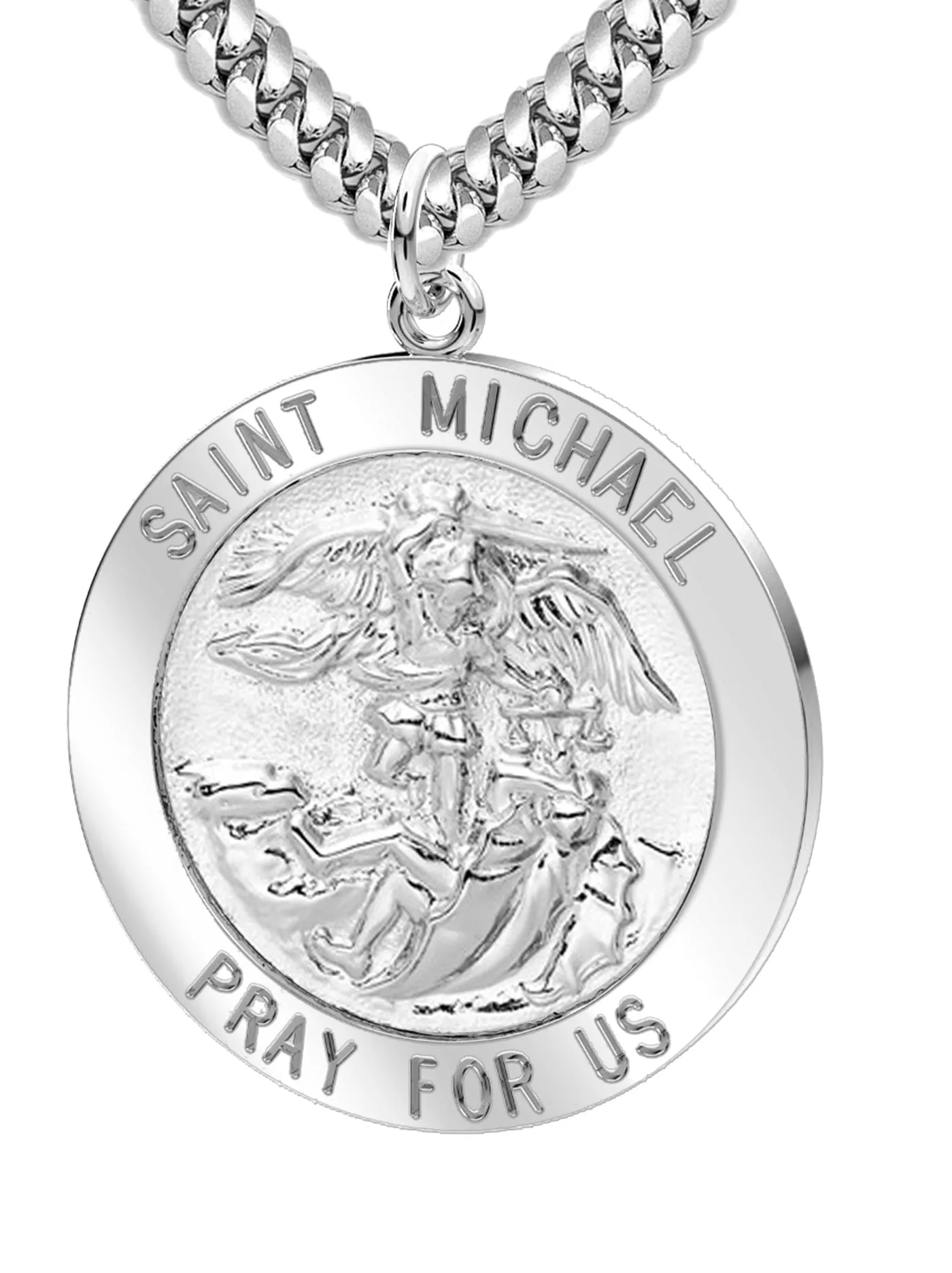 Men's 925 Sterling Silver Saint Michael Round Pendant Necklace, High Polished Finish, 25mm