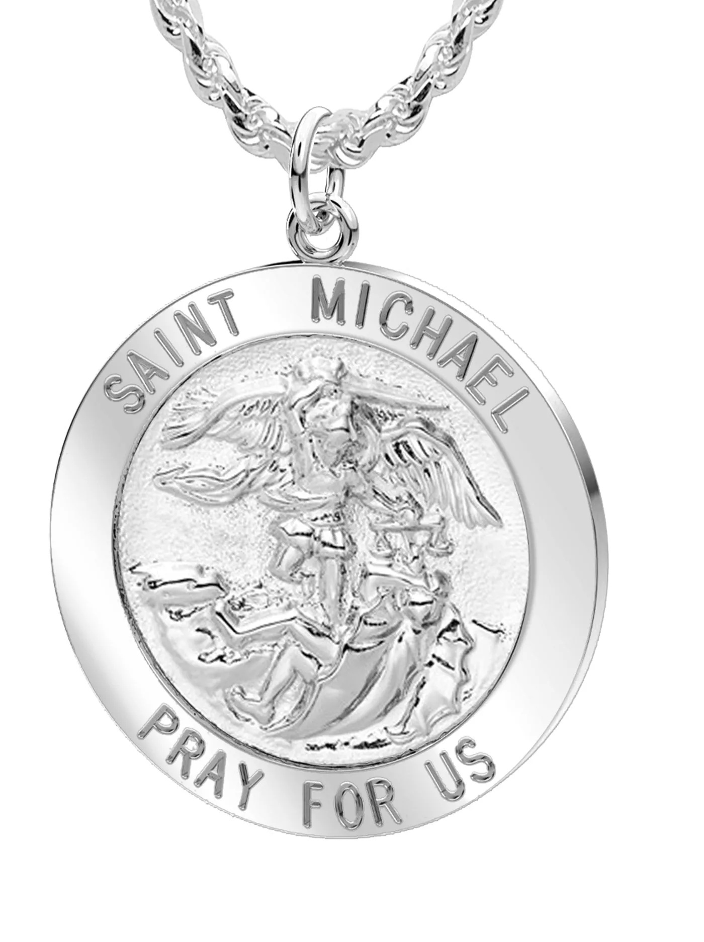 Men's 925 Sterling Silver Saint Michael Round Pendant Necklace, High Polished Finish, 25mm