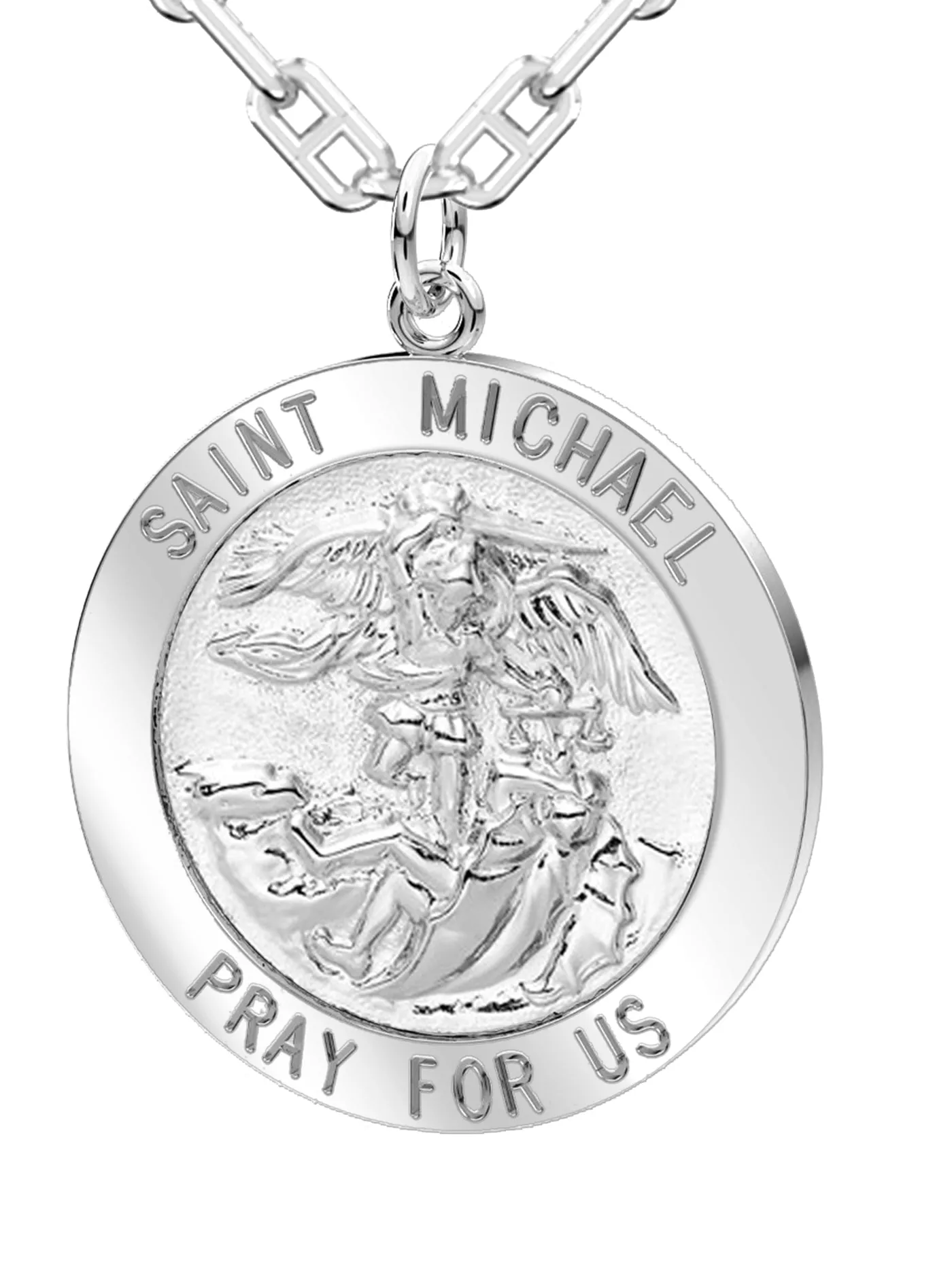Men's 925 Sterling Silver Saint Michael Round Pendant Necklace, High Polished Finish, 25mm