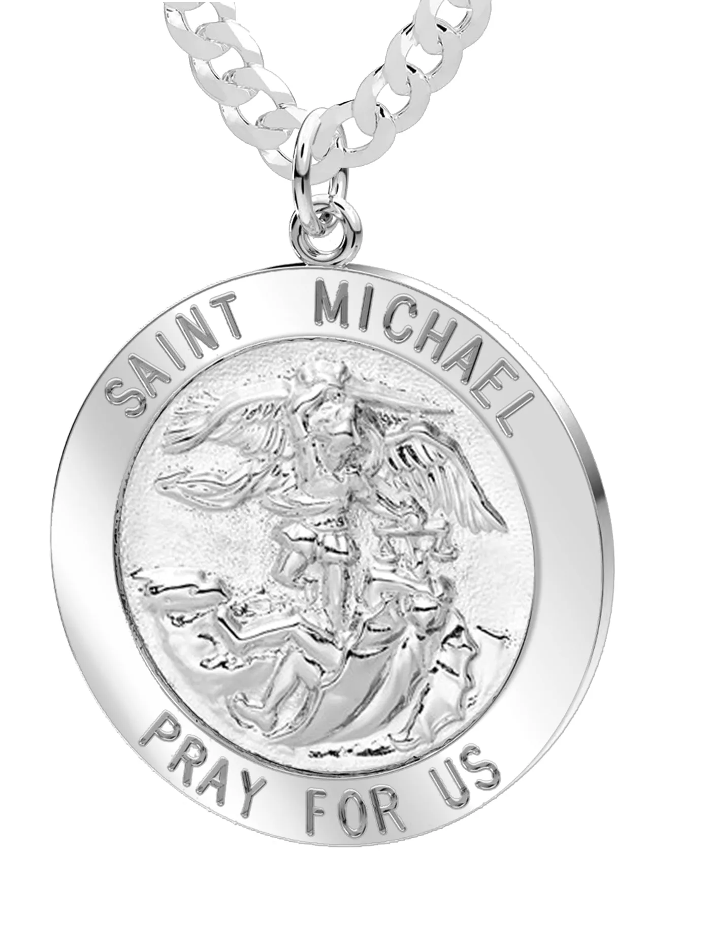 Men's 925 Sterling Silver Saint Michael Round Pendant Necklace, High Polished Finish, 25mm