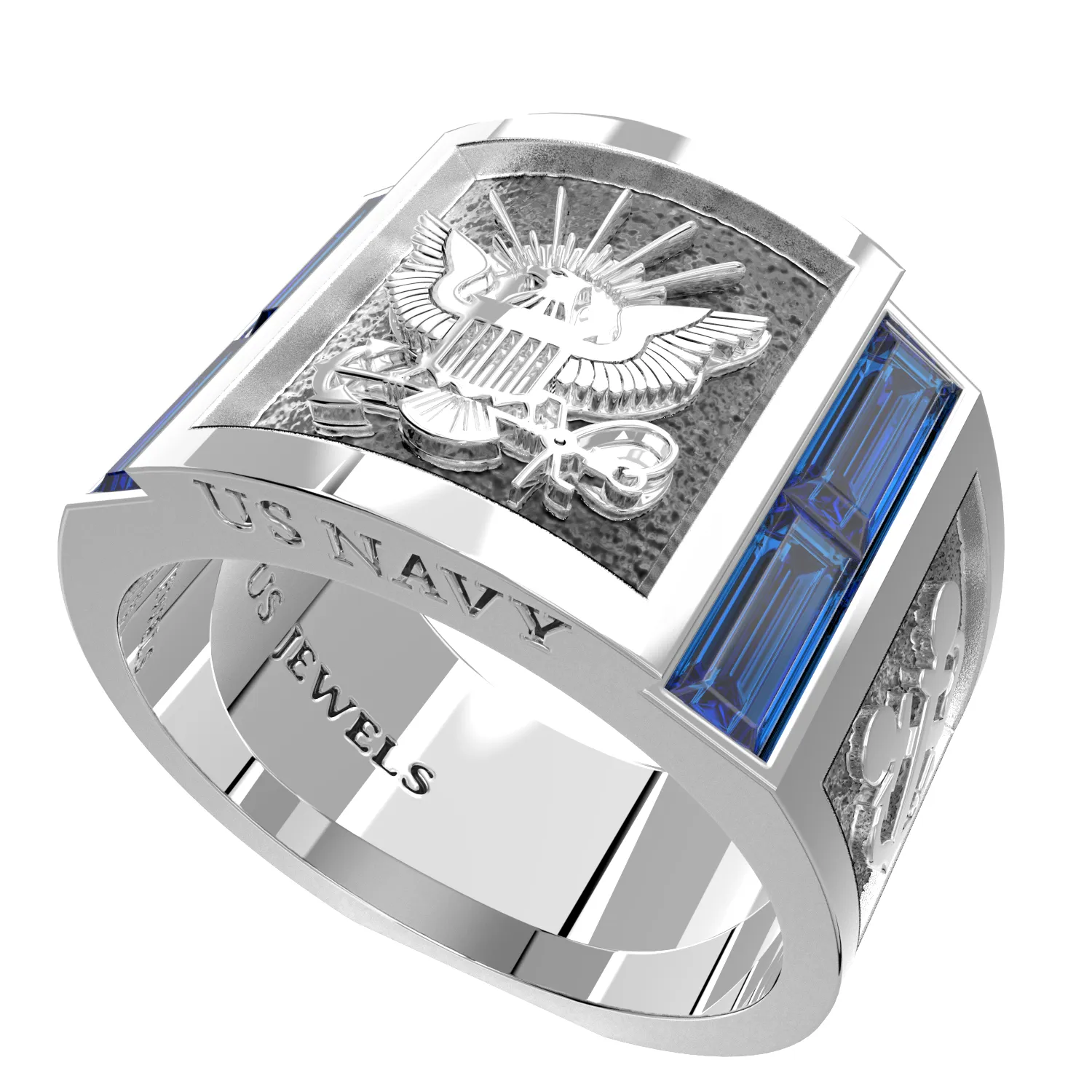 Men's Heavy 925 Sterling Silver US Navy Ring Band w/ Synthetic Sapphires