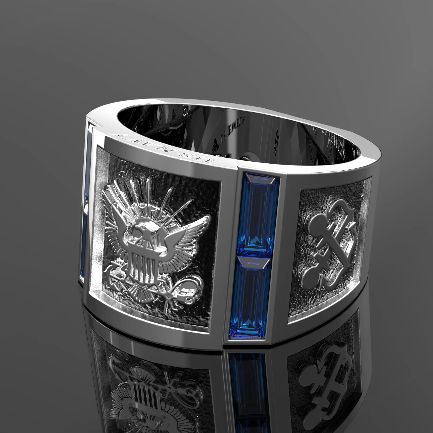 Men's Heavy 925 Sterling Silver US Navy Ring Band w/ Synthetic Sapphires