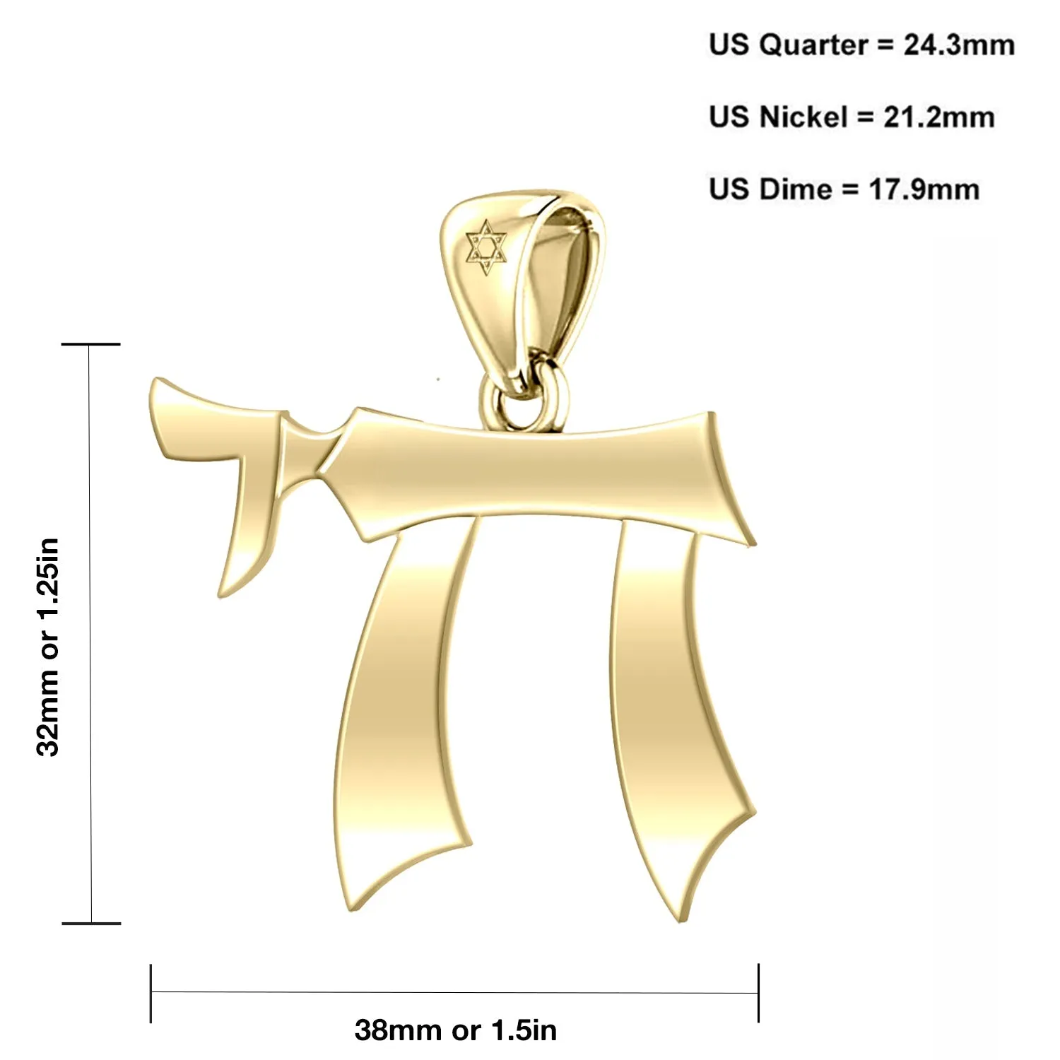 Men's Large 10K or 14K Yellow Gold Jewish Chai Sign of Life Pendant Necklace, 32mm