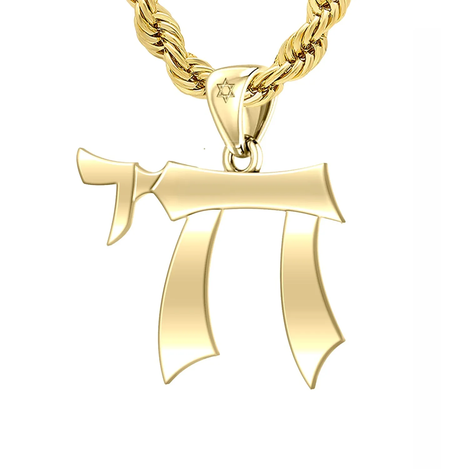 Men's Large 10K or 14K Yellow Gold Jewish Chai Sign of Life Pendant Necklace, 32mm