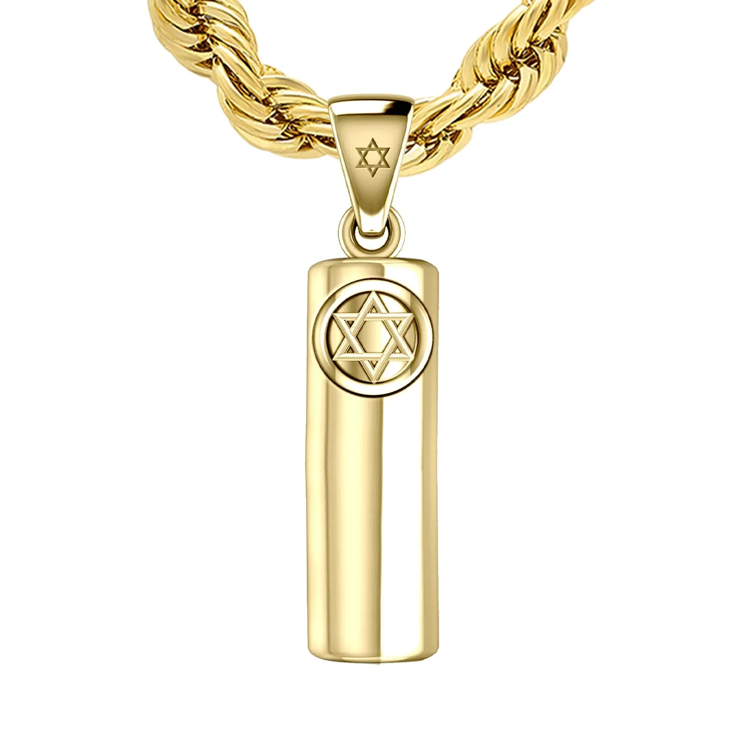 Men's Large 10K or 14K Yellow Gold Jewish Star of David Mezuzah Pendant Necklace, 40mm