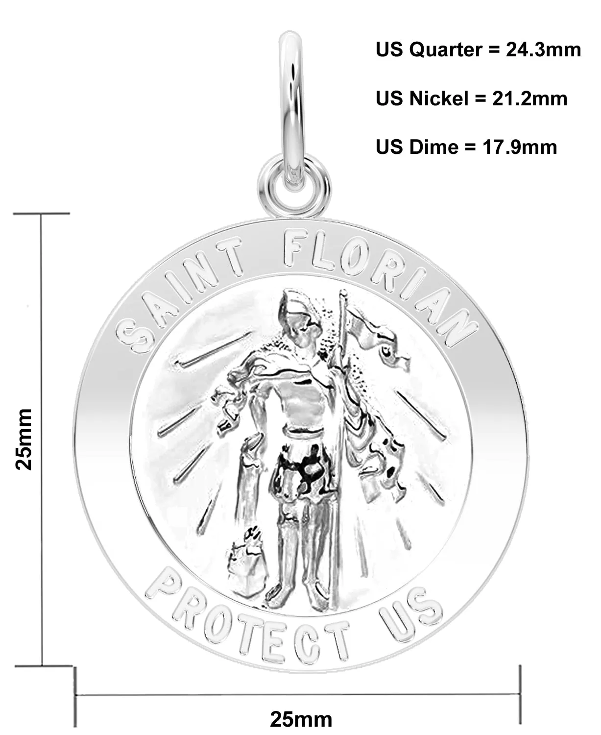 Men's Solid 925 Sterling Silver Saint Florian Polished Pendant Necklace, 25mm