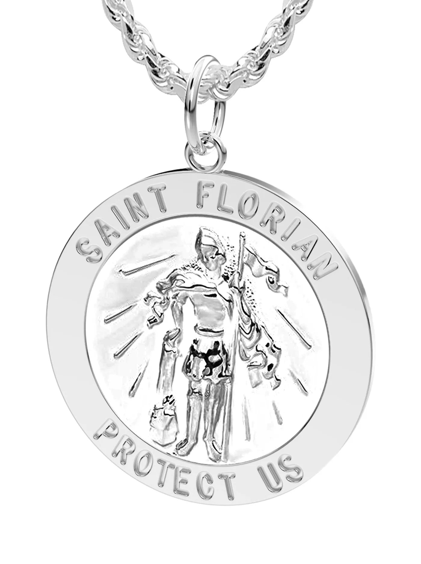 Men's Solid 925 Sterling Silver Saint Florian Polished Pendant Necklace, 25mm