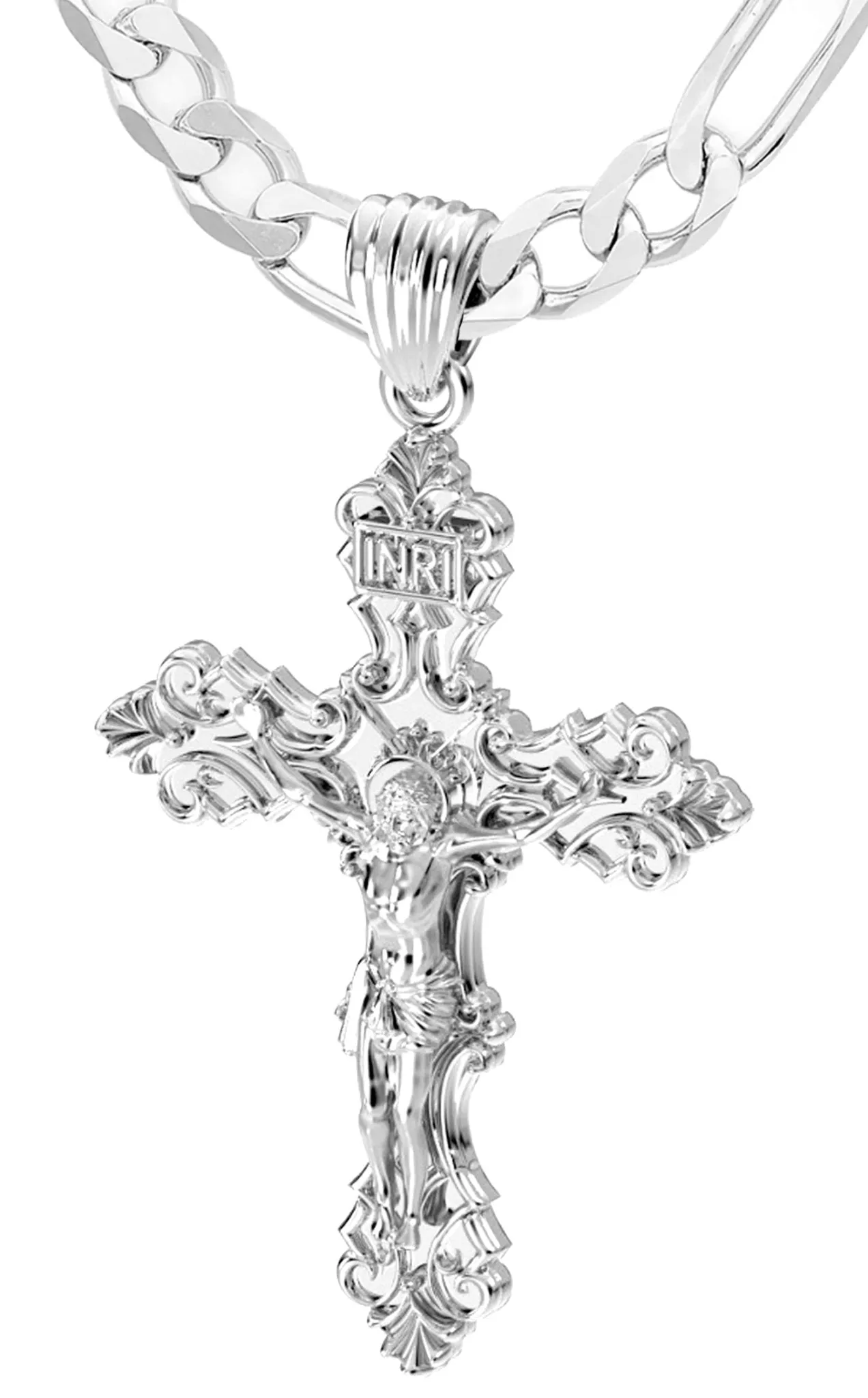 Men's XL Fleur-De-Lis 925 Sterling Silver Cross Crucifix Pendant Necklace, 52mm