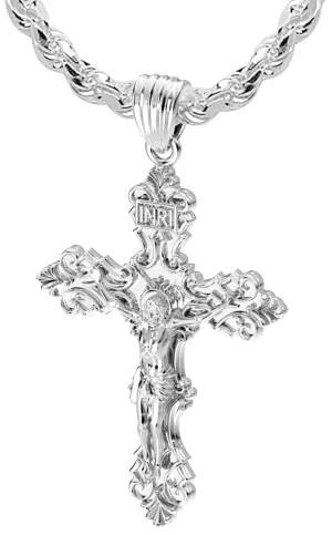 Men's XL Fleur-De-Lis 925 Sterling Silver Cross Crucifix Pendant Necklace, 52mm