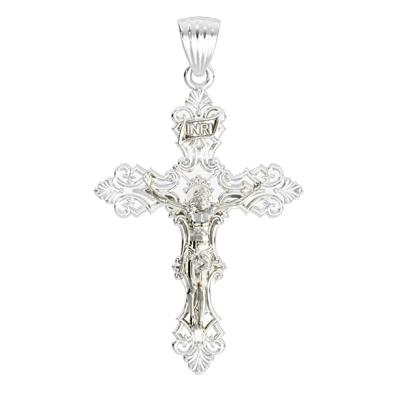Men's XL Fleur-De-Lis 925 Sterling Silver Cross Crucifix Pendant Necklace, 52mm