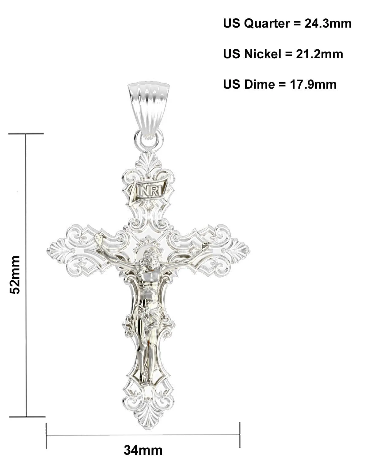 Men's XL Fleur-De-Lis 925 Sterling Silver Cross Crucifix Pendant Necklace, 52mm
