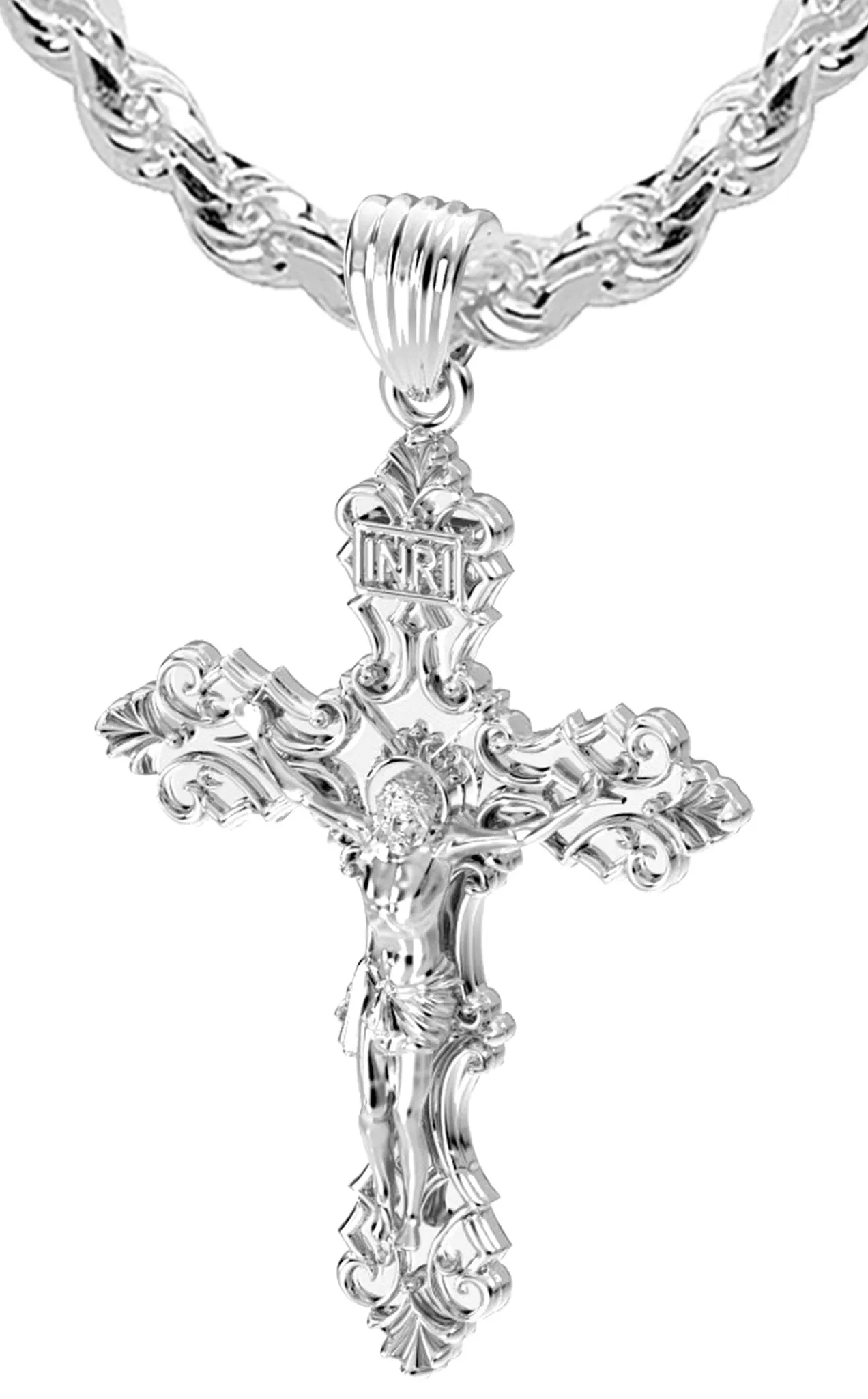 Men's XL Fleur-De-Lis 925 Sterling Silver Cross Crucifix Pendant Necklace, 52mm