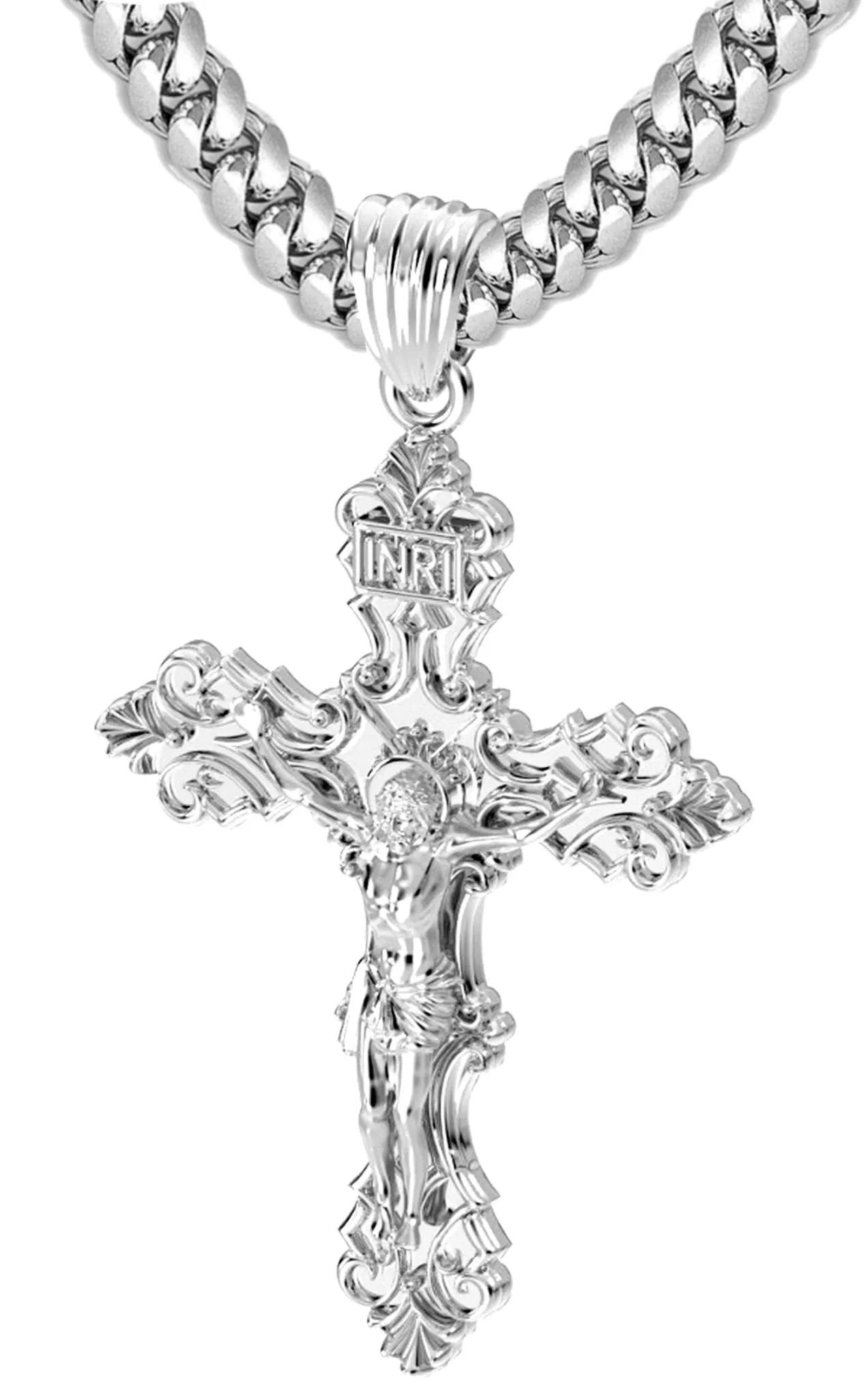 Men's XL Fleur-De-Lis 925 Sterling Silver Cross Crucifix Pendant Necklace, 52mm