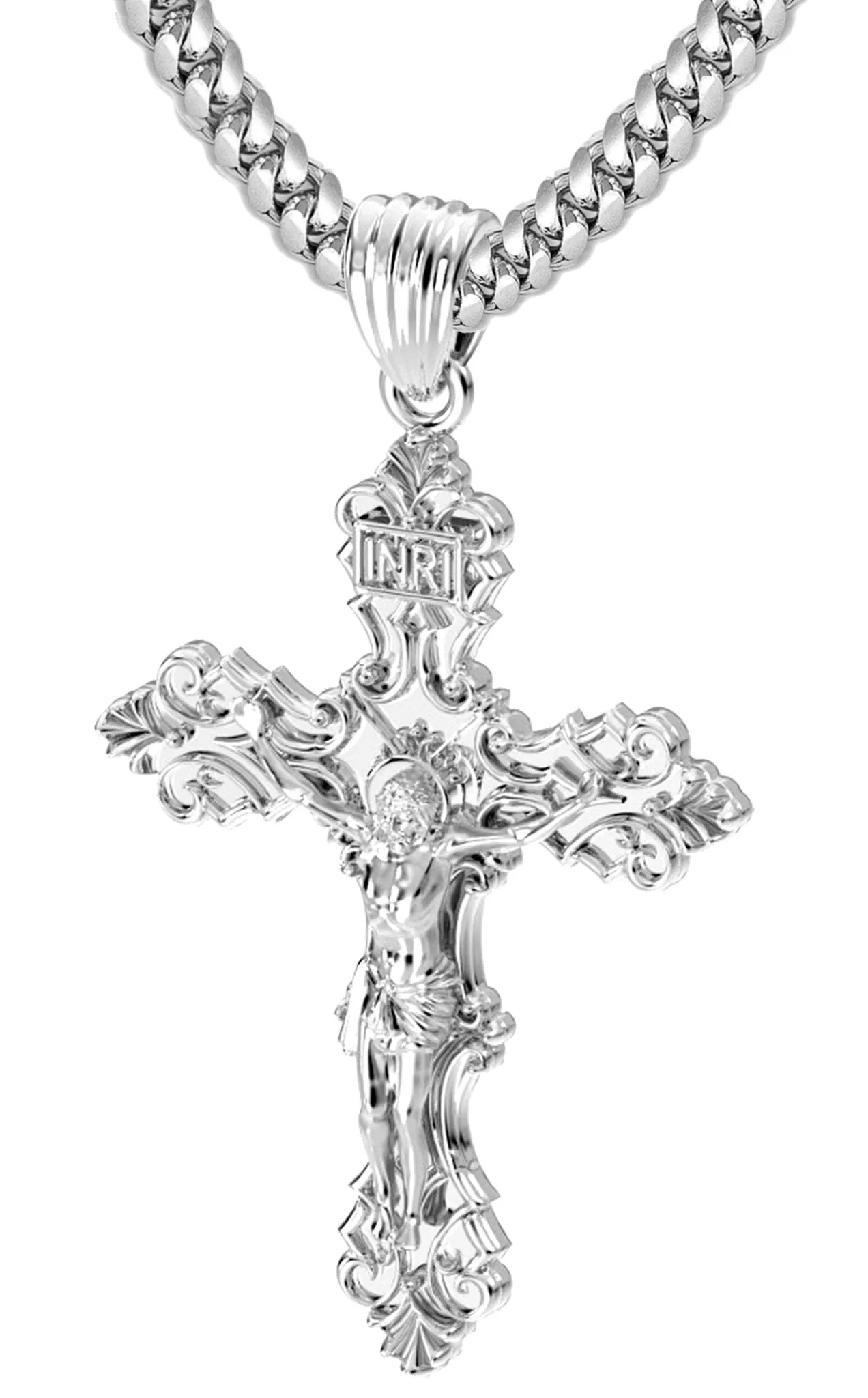 Men's XL Fleur-De-Lis 925 Sterling Silver Cross Crucifix Pendant Necklace, 52mm