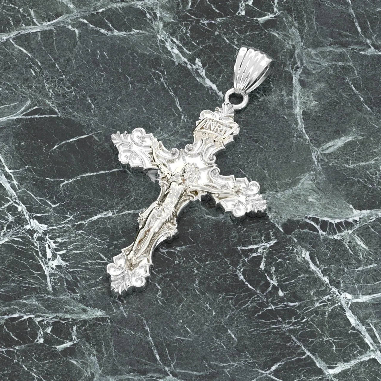 Men's XL Fleur-De-Lis 925 Sterling Silver Cross Crucifix Pendant Necklace, 52mm