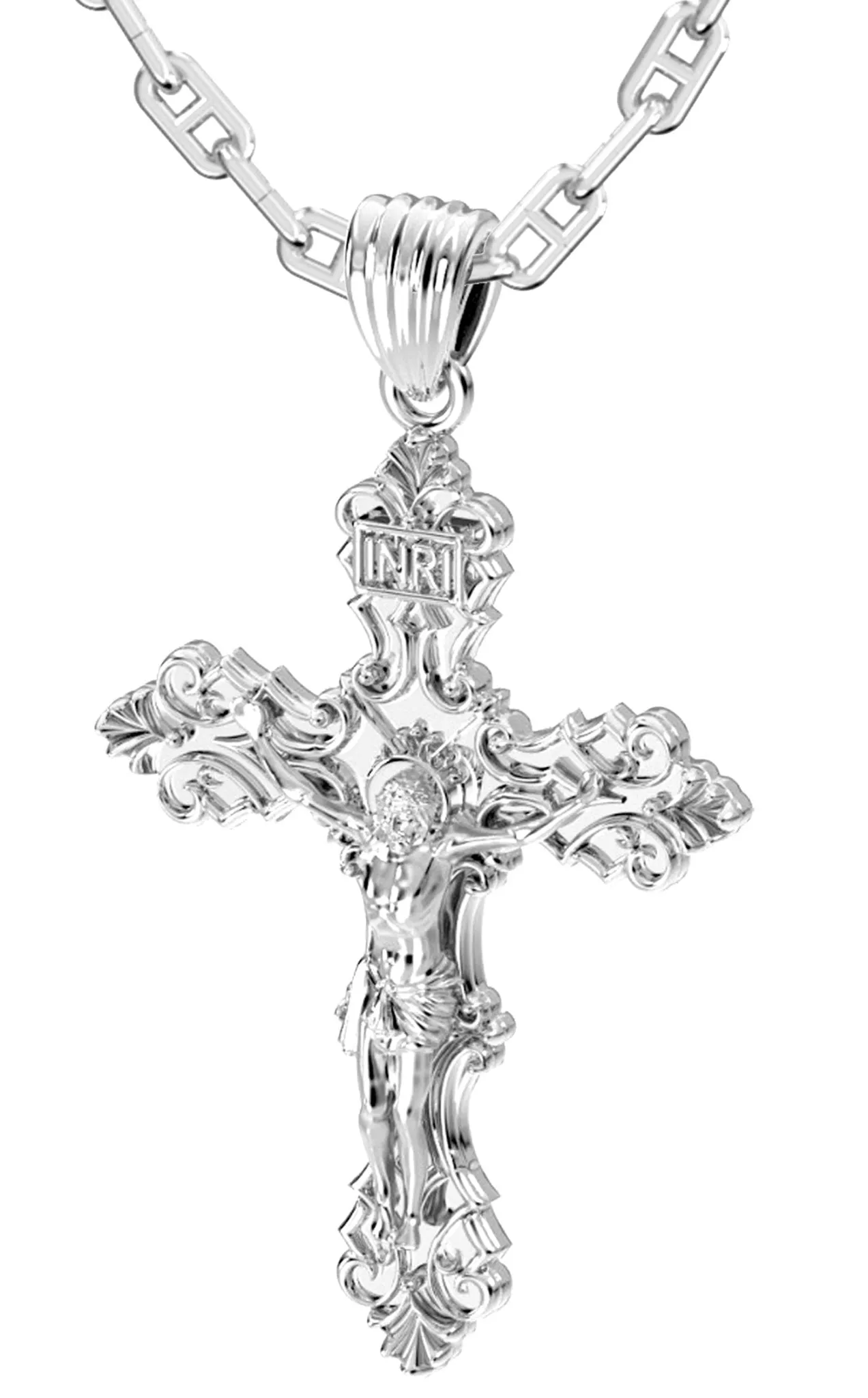Men's XL Fleur-De-Lis 925 Sterling Silver Cross Crucifix Pendant Necklace, 52mm