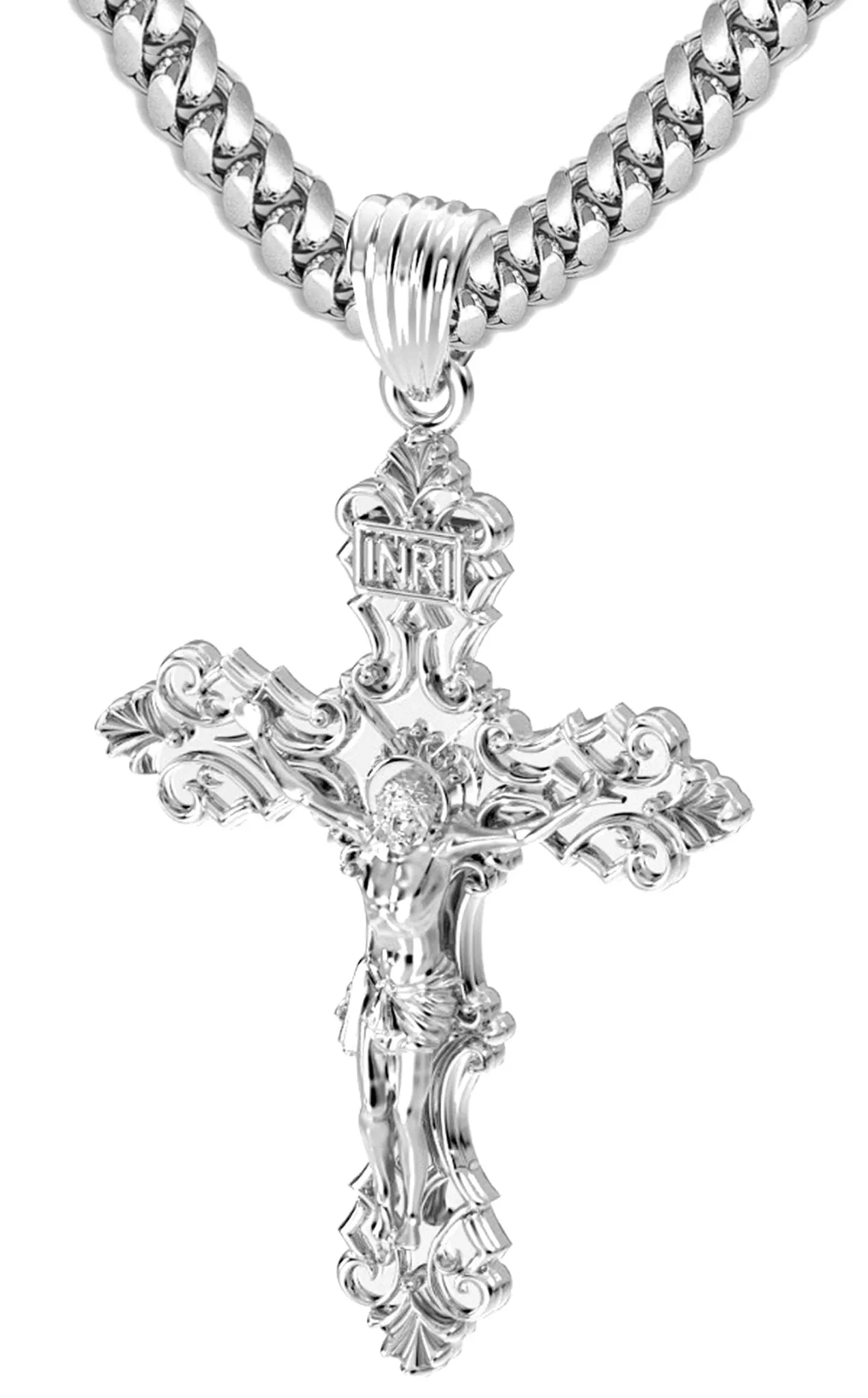 Men's XL Fleur-De-Lis 925 Sterling Silver Cross Crucifix Pendant Necklace, 52mm