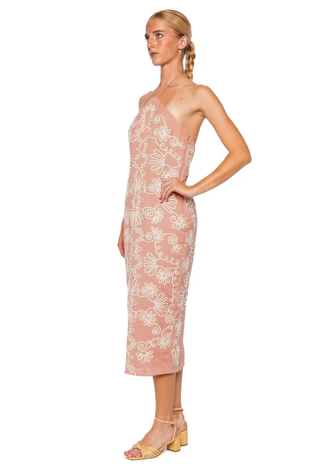 Mihi Embroidered Halter Midi Dress