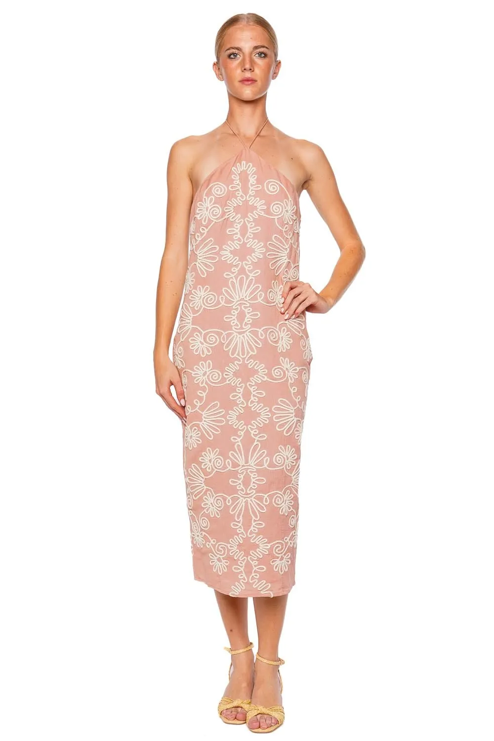Mihi Embroidered Halter Midi Dress