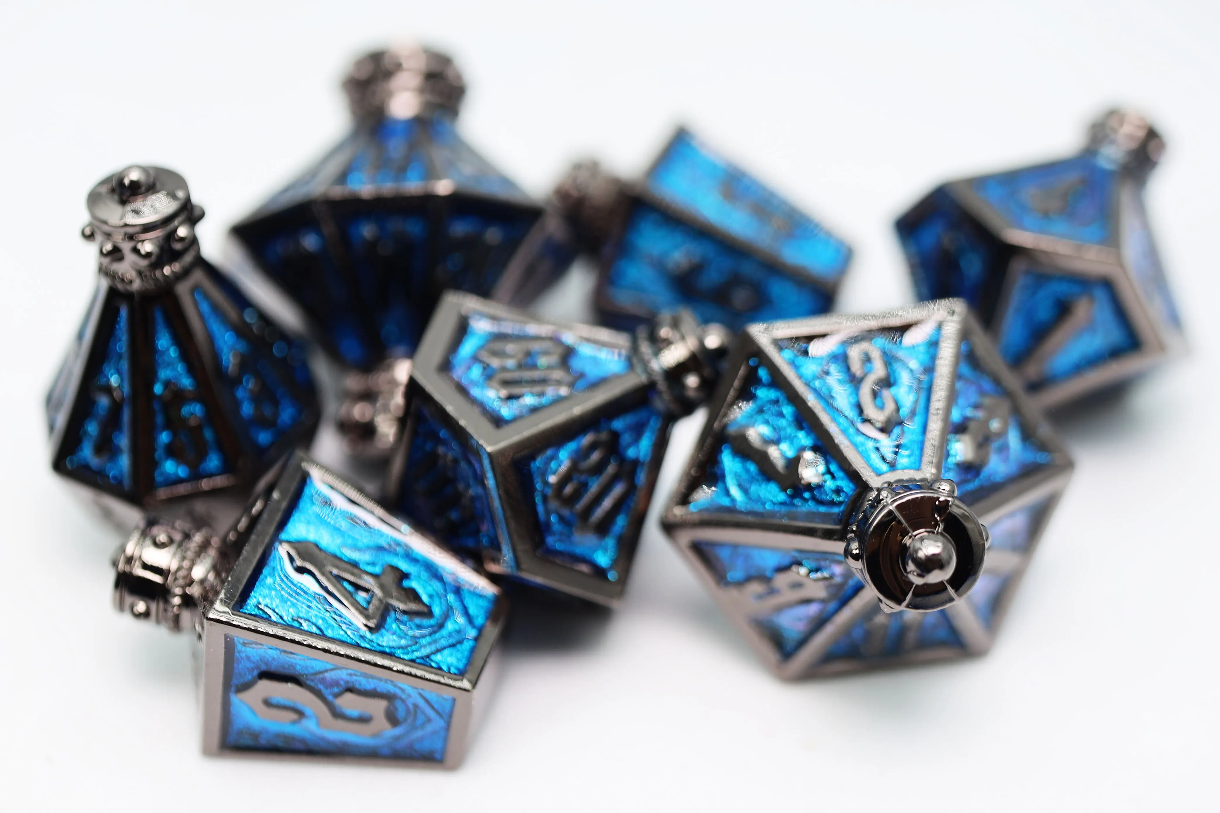 Moonlit Lantern: Midnight Frostfire - Metal RPG Dice Set