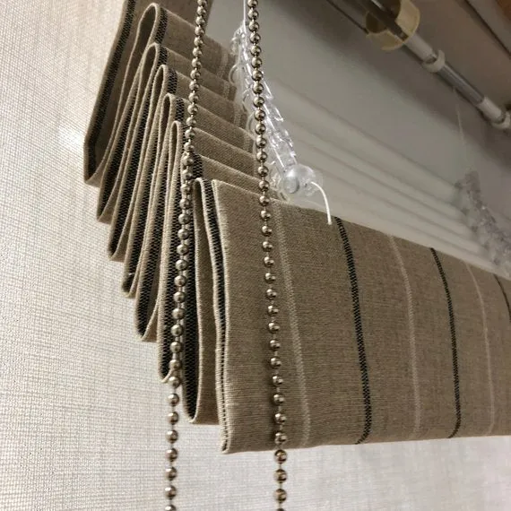 Natural 100% Linen Thin Stripe Flat Roman Shade