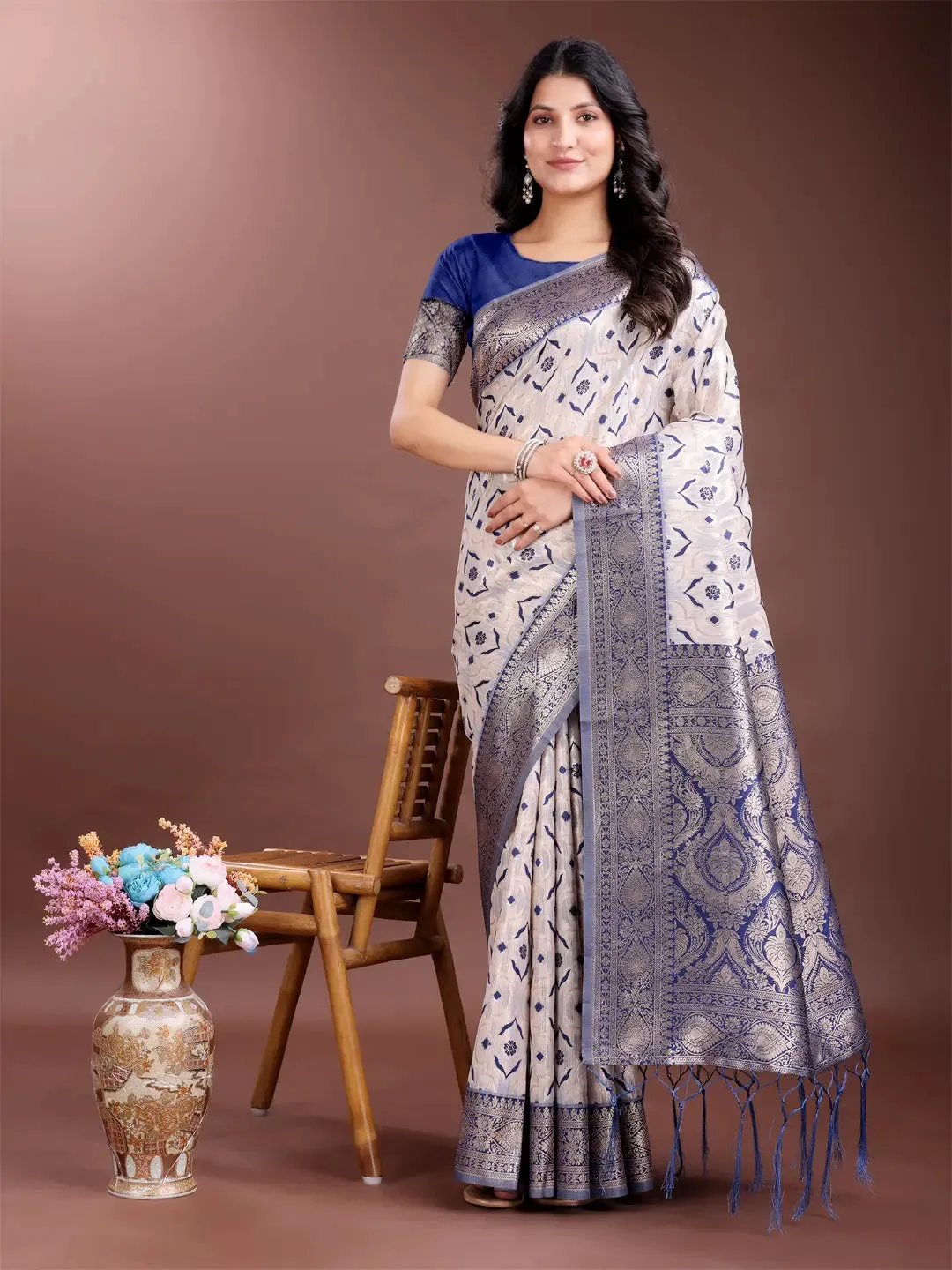 Navy Blue Linen Cotton Saree