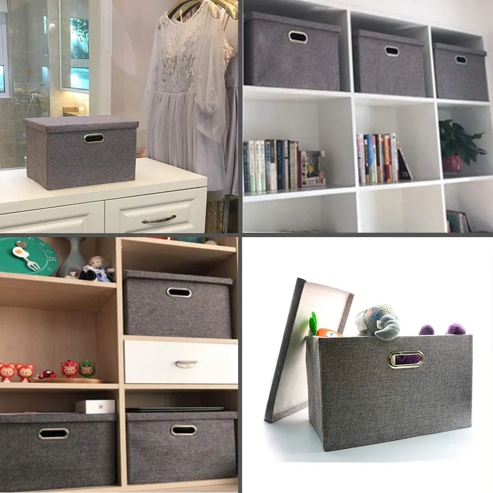 New Wintao Storage Box with lid Collapsible Linen Fabric Clothing Storage Basket Bins Toy Box Organizer Grey 25 Litre - Medium