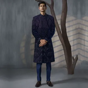 Opulent Blue Jodhpuri Sherwani with Embossed Brocade Design