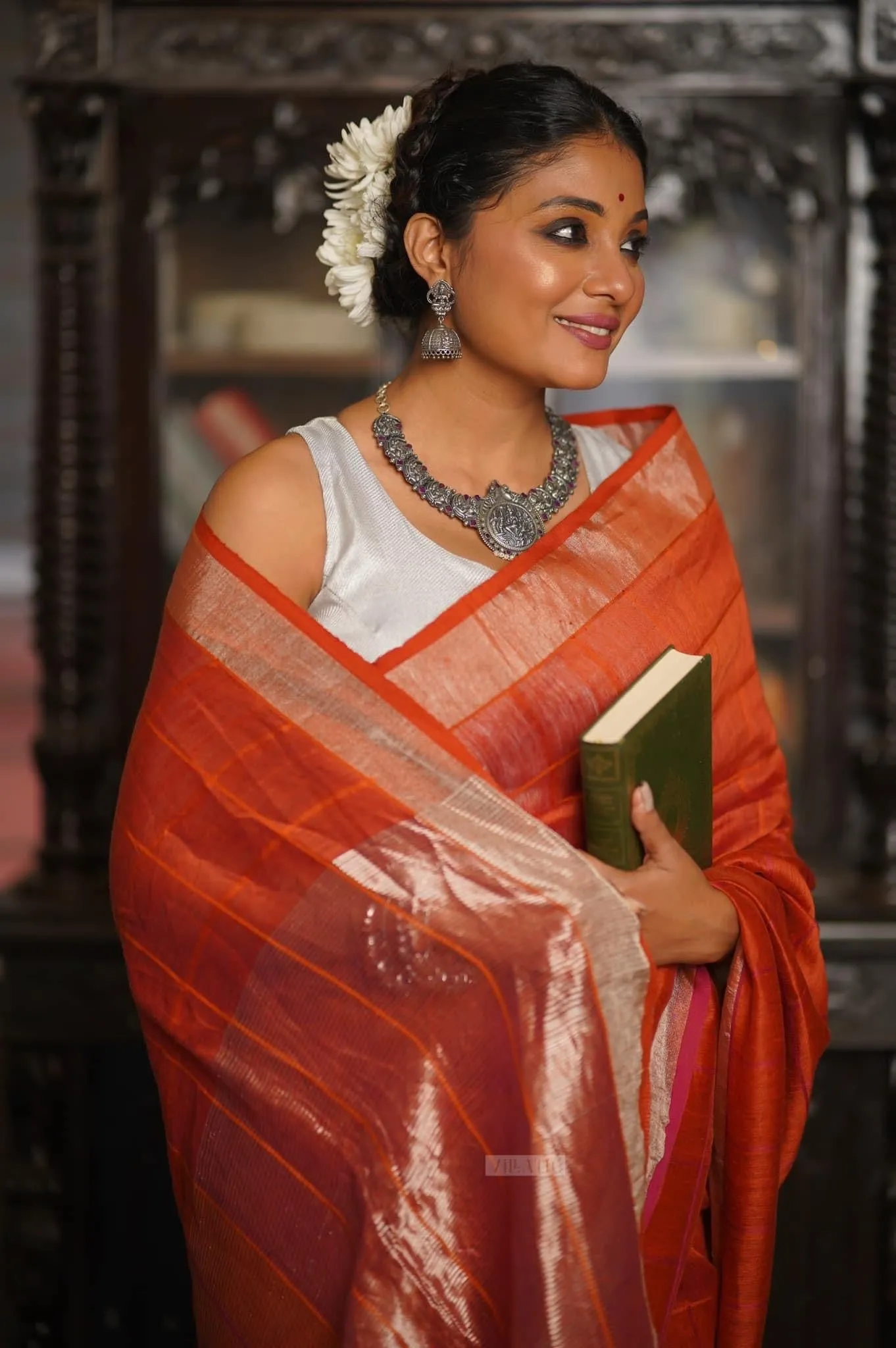 Orange checked Linen saree