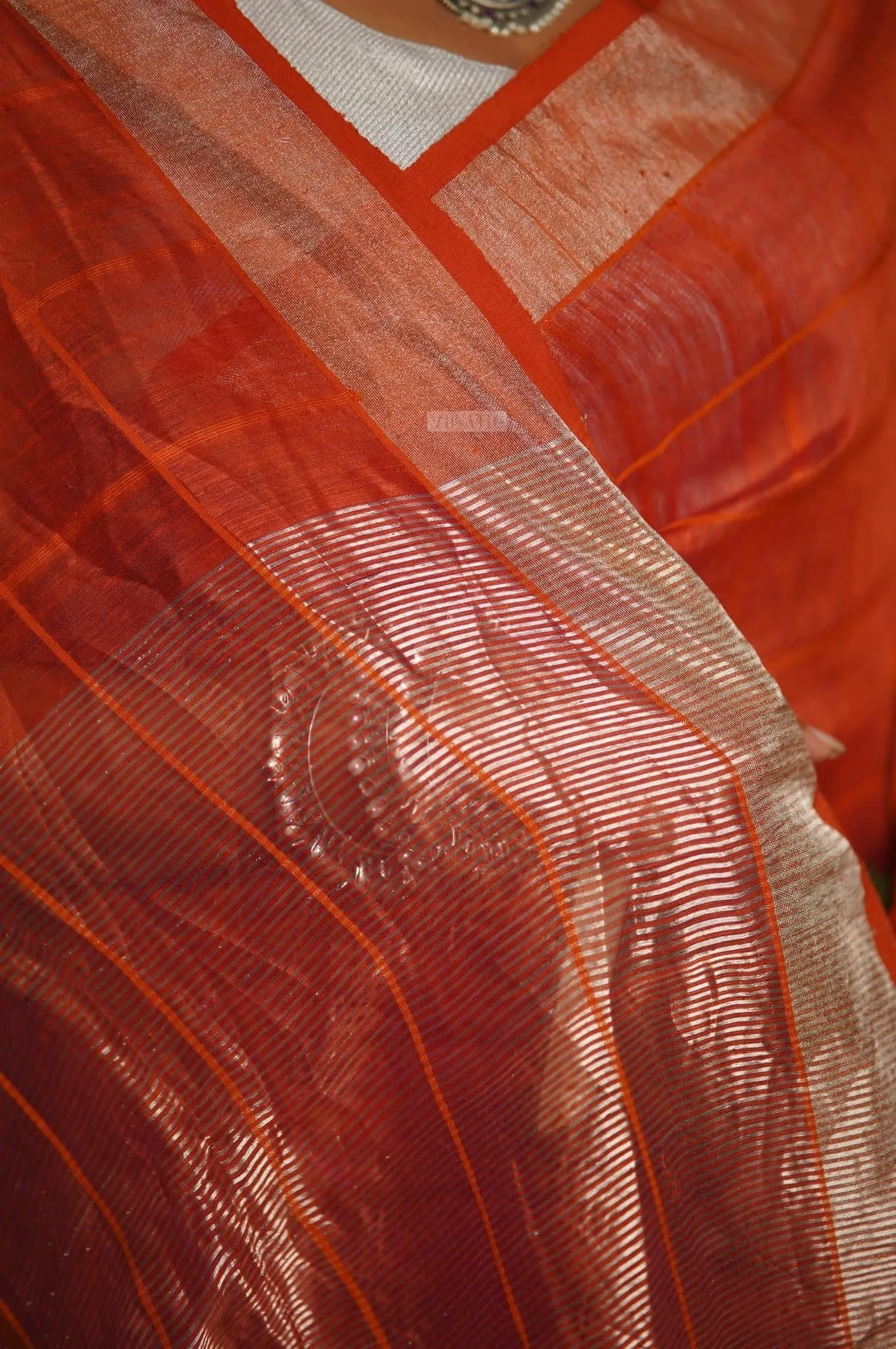 Orange checked Linen saree