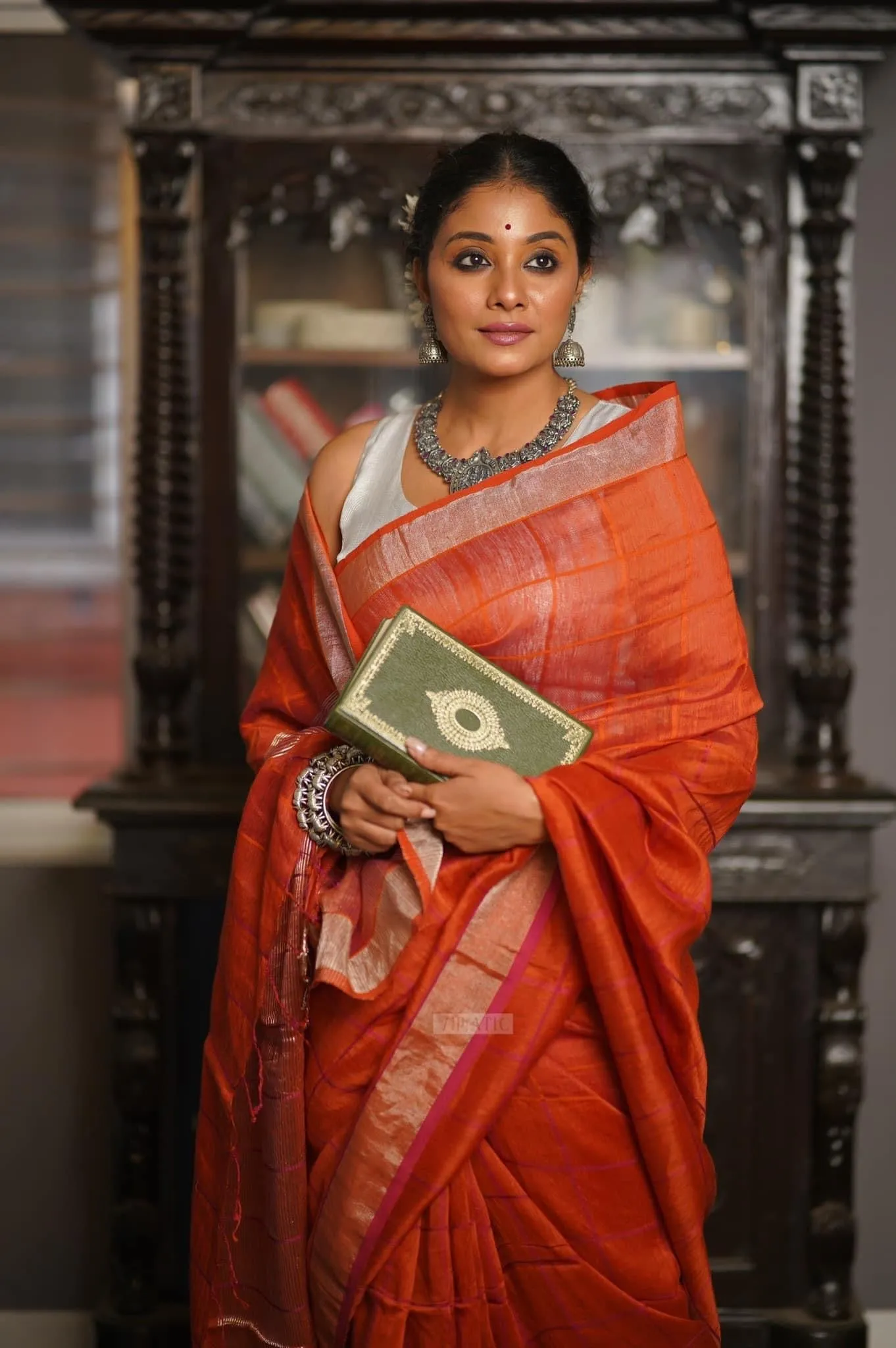 Orange checked Linen saree