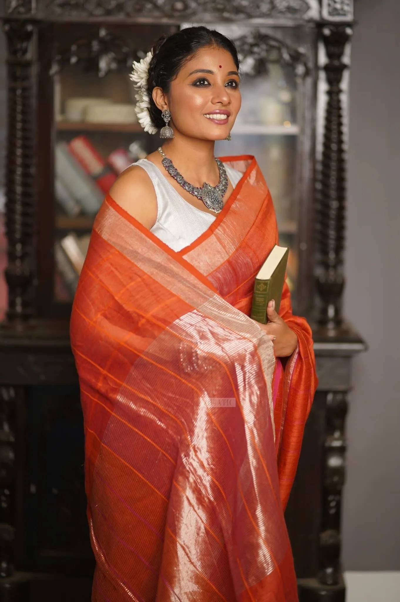 Orange checked Linen saree