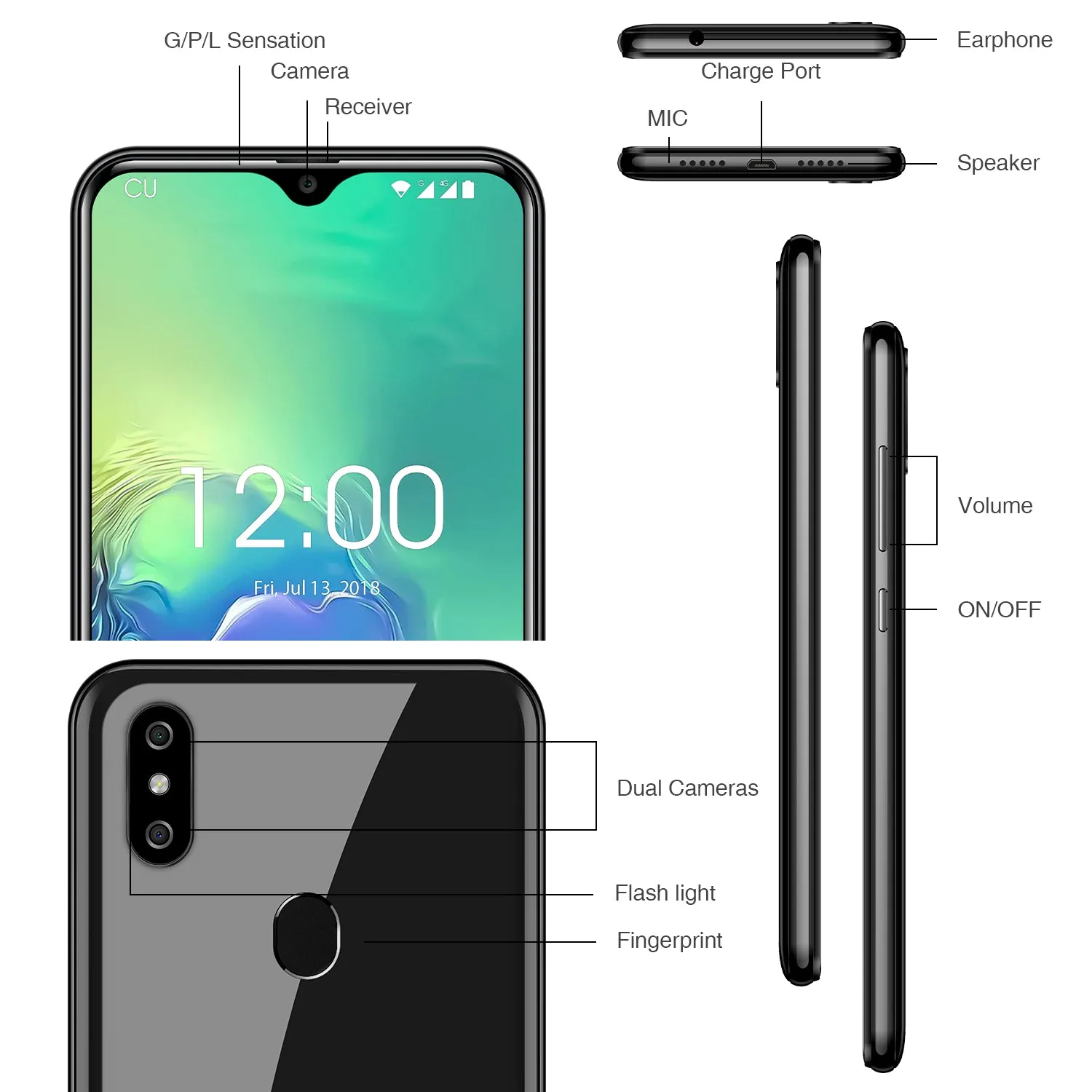 OUKITEL C15 Pro 2GB 16GB Android 9.0 Fingerprint Face ID 4G LTE Smartphone 2.4G/5G WiFi Water Drop Screen  MT6761 Black