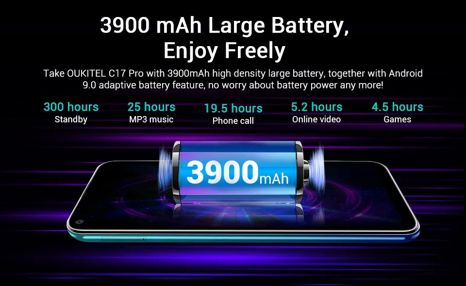 OUKITEL C17 Pro 6.35'' Android 9.0 19:9 MT6763 4GB 64GB Smartphone Face ID Octa Core 3900mAh Triple Camera 4G Mobile Phone black
