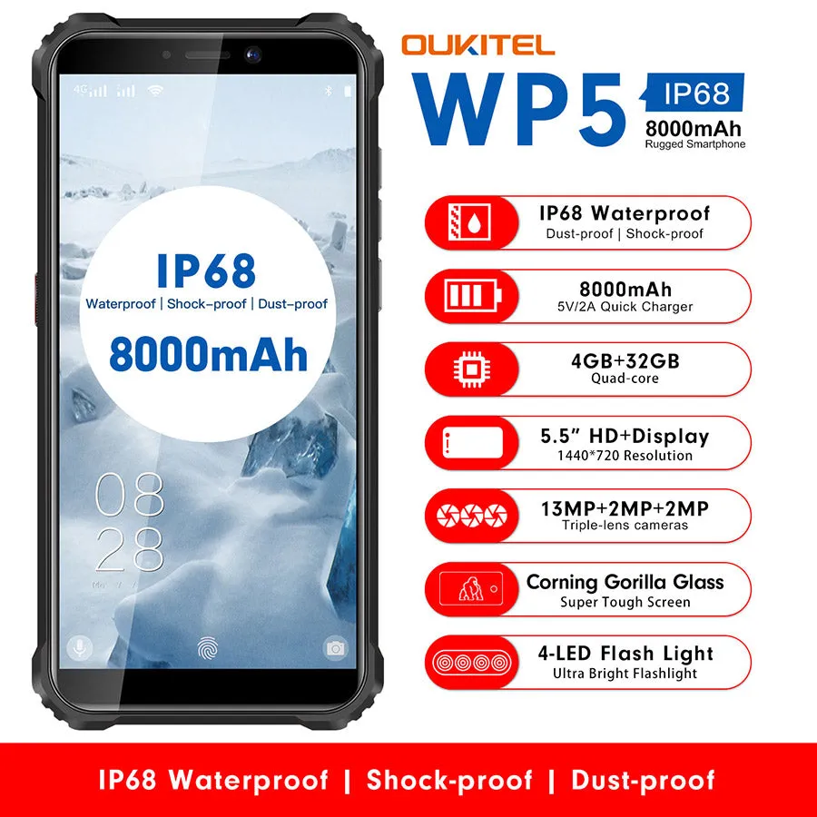 Oukitel WP5 Quad Core 32G Android 9.0 5MP Front Camera 5.5inch 8000mAh Battery Mobile Phone Smartphone black