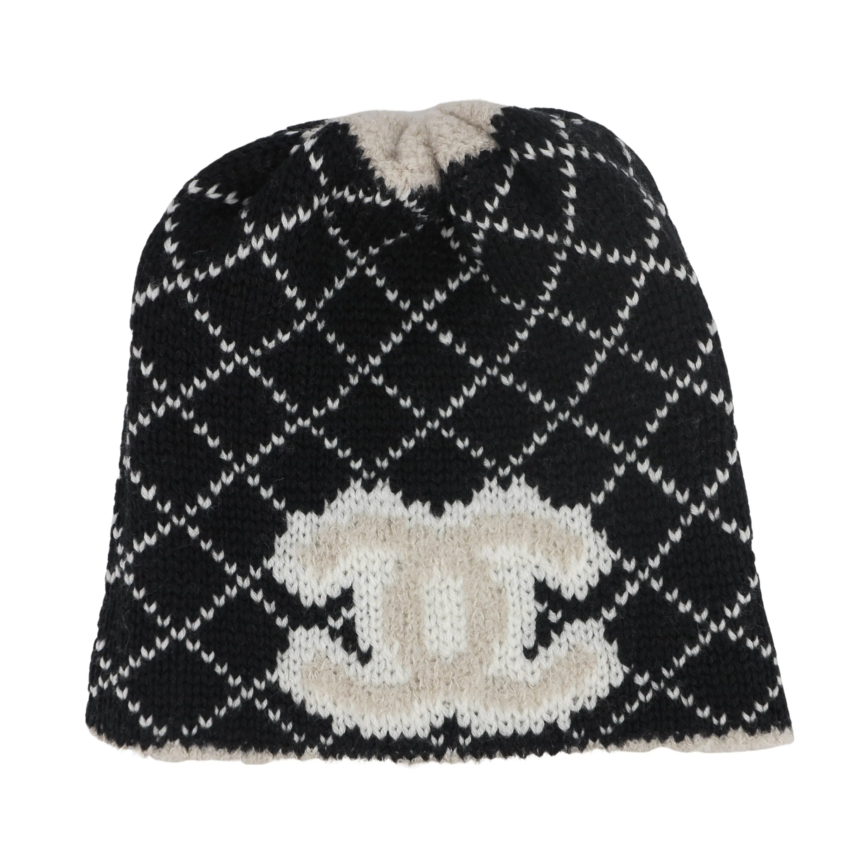 Oversized CC Logo Reversible Cashmere Beanie Hat in Beige Black