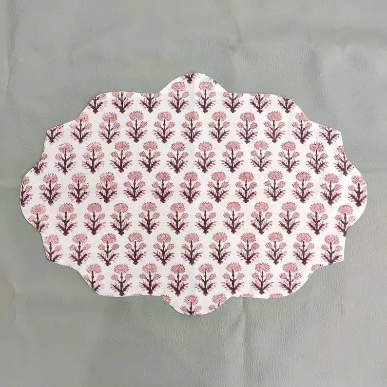 Pink Block Printed Floral Scalloped Oval Cotton Placemats