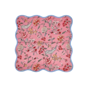 Pink Floral Block Printed Scalloped Cotton Napkins