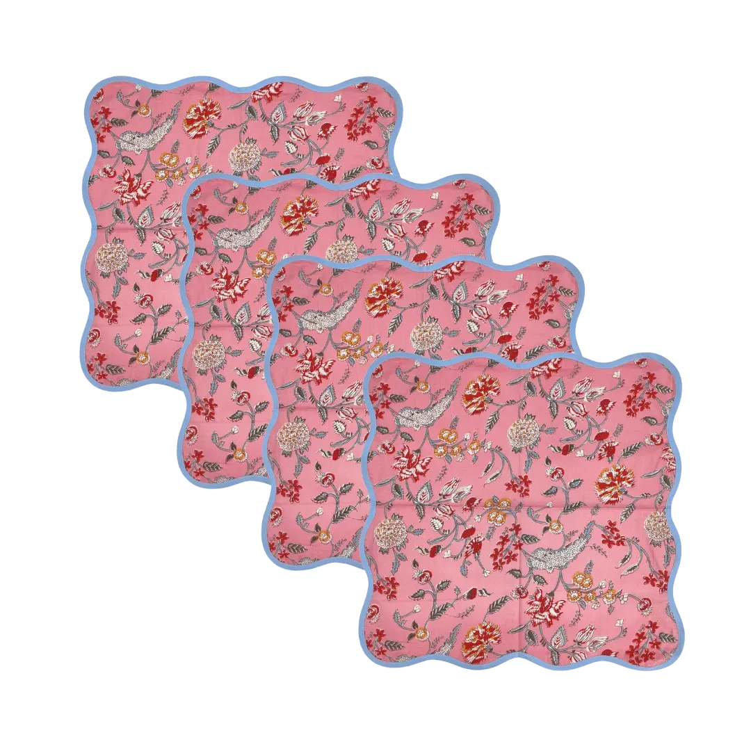 Pink Floral Block Printed Scalloped Cotton Napkins