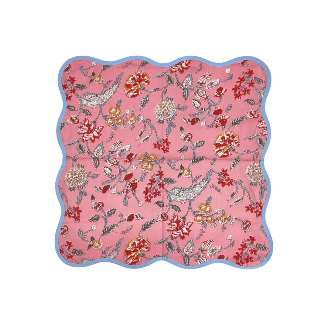 Pink Floral Block Printed Scalloped Cotton Napkins