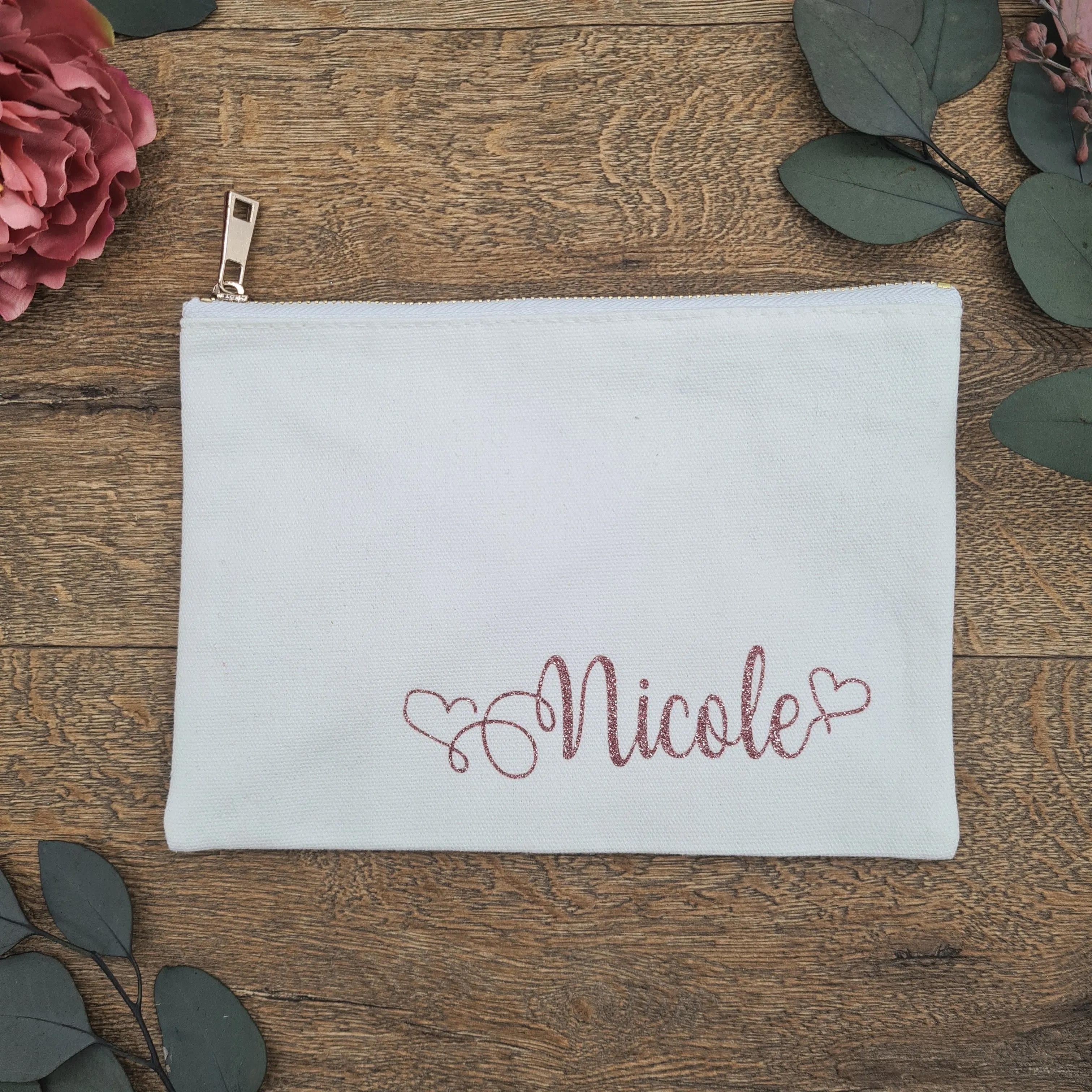 Pink Glitter Personalisation on White Eco-Friendly Cotton Cosmetic Make Up Bag