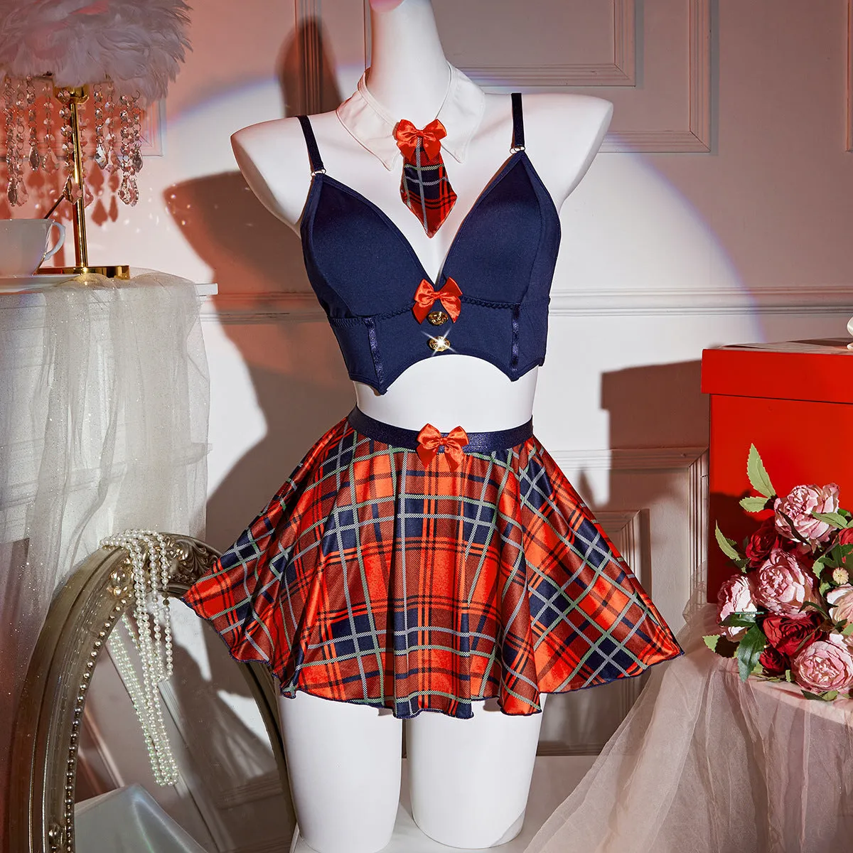 Plaid Bra Skirt Thong Three Piece Set