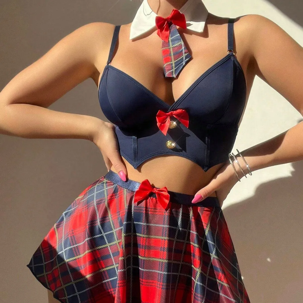 Plaid Bra Skirt Thong Three Piece Set