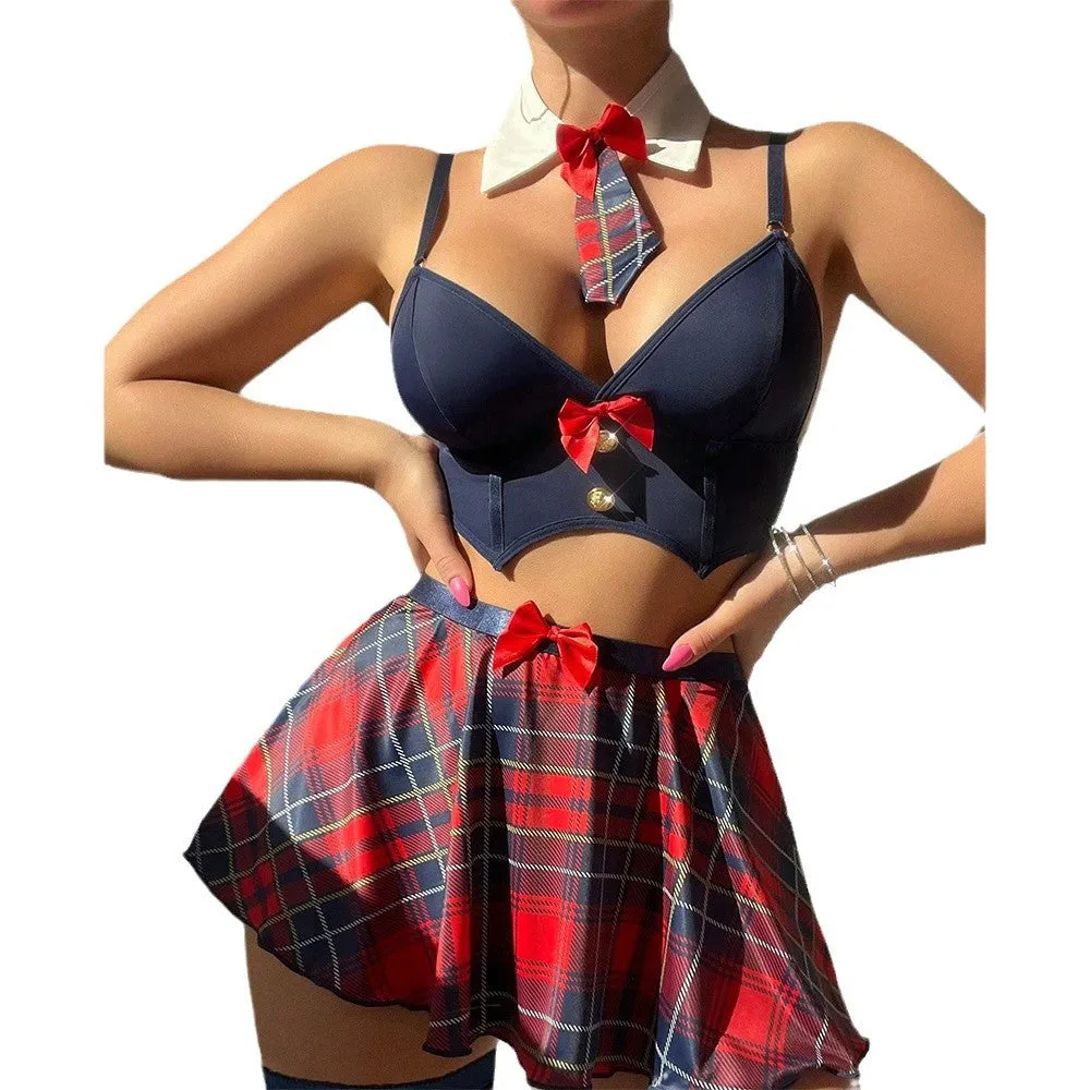 Plaid Bra Skirt Thong Three Piece Set