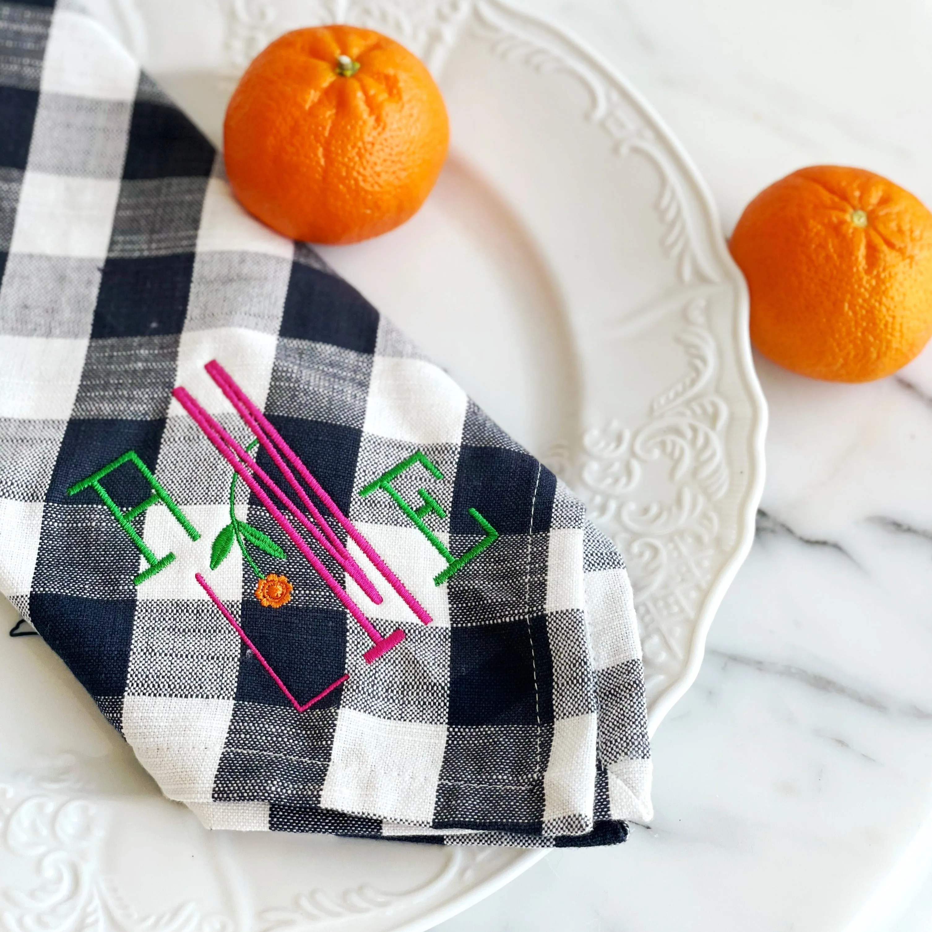 Plaid Napkin with Arts and Crafts Monogram